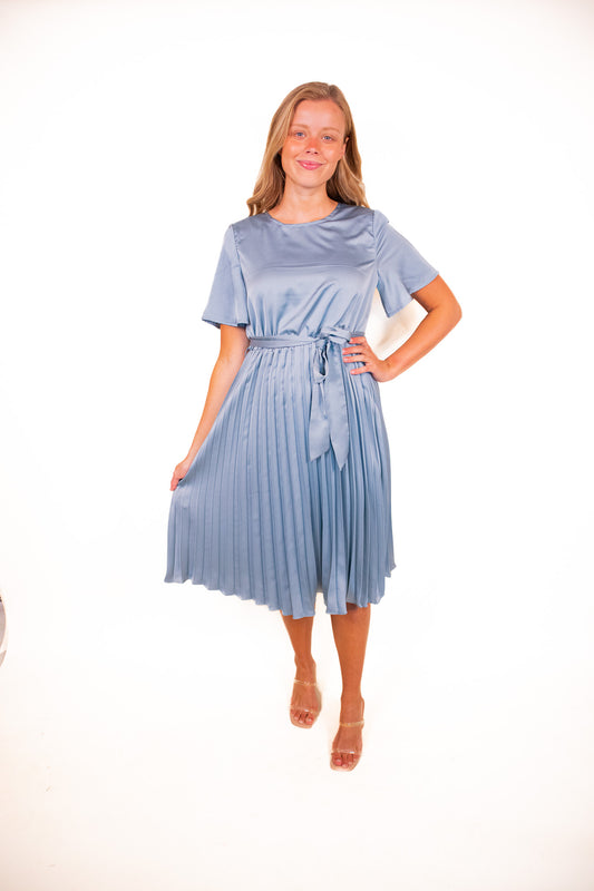 The Kara Pleated Satin Midi in Blue