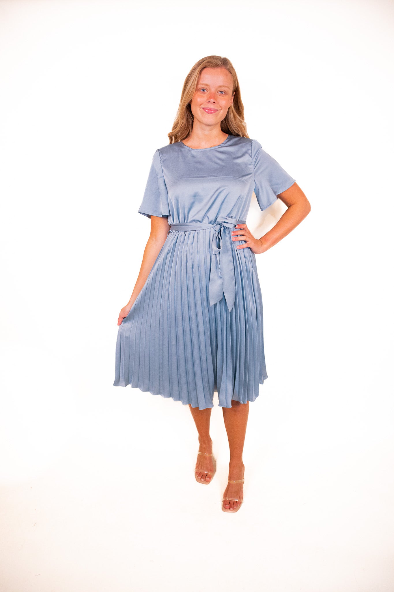 The Kara Pleated Satin Midi in Blue