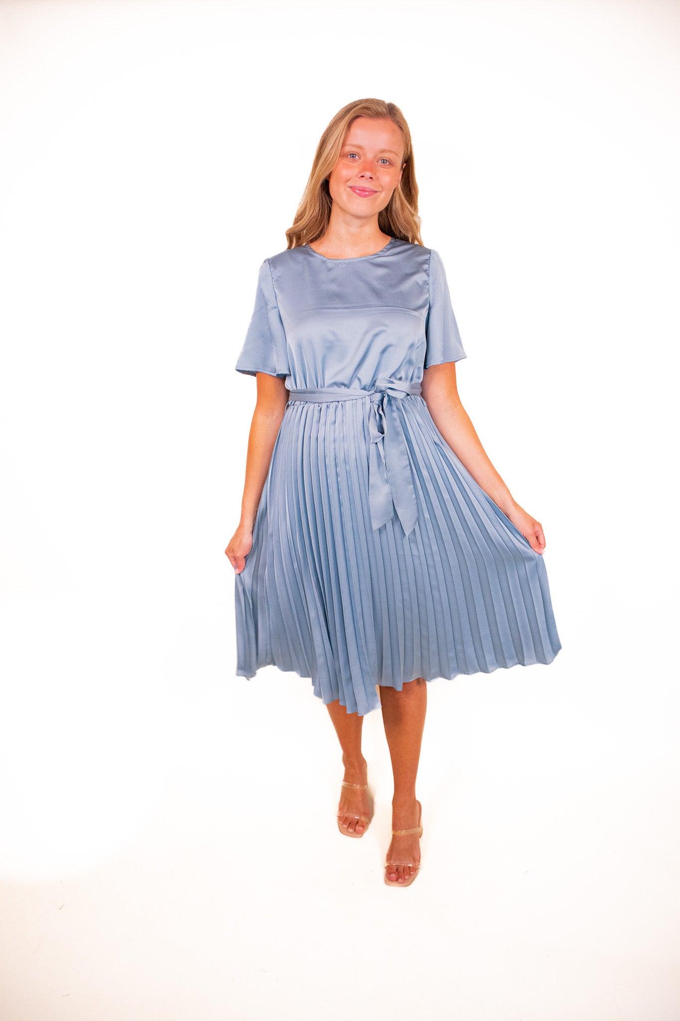 The Kara Pleated Satin Midi in Blue