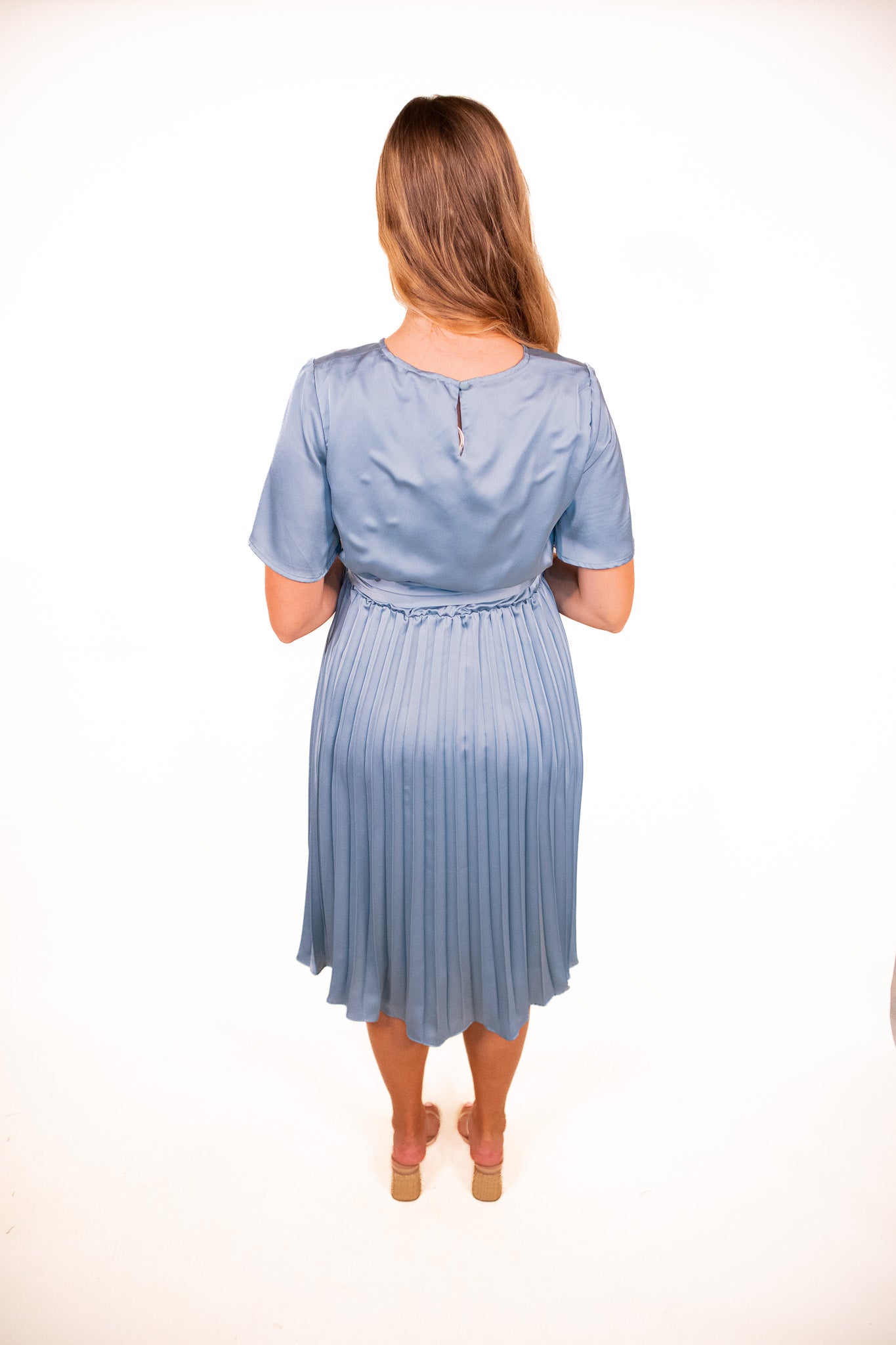 The Kara Pleated Satin Midi in Blue