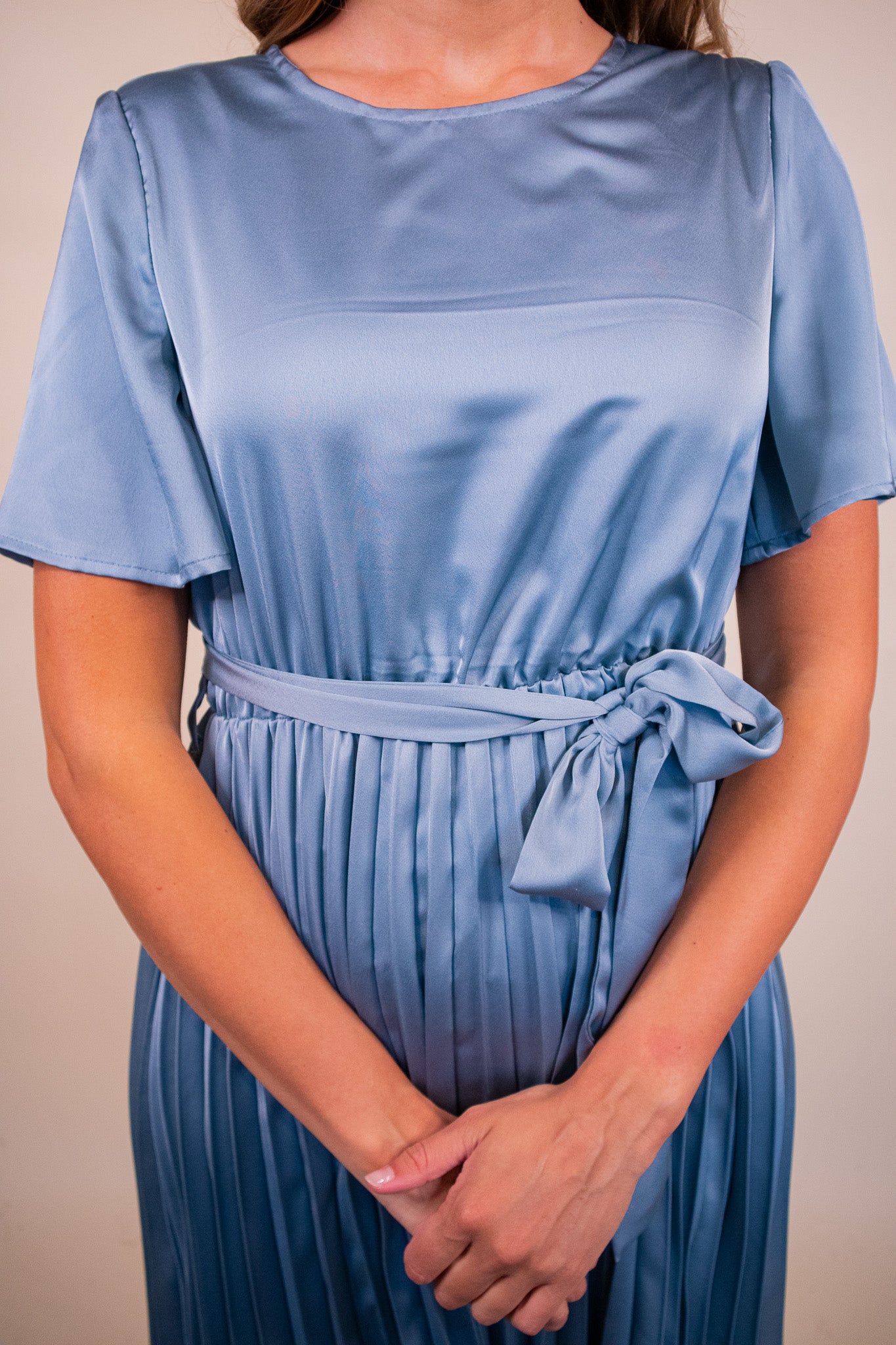 The Kara Pleated Satin Midi in Blue