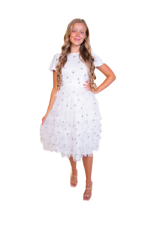 The Jade Ruffle Dress White Bow Embroidered Tulle