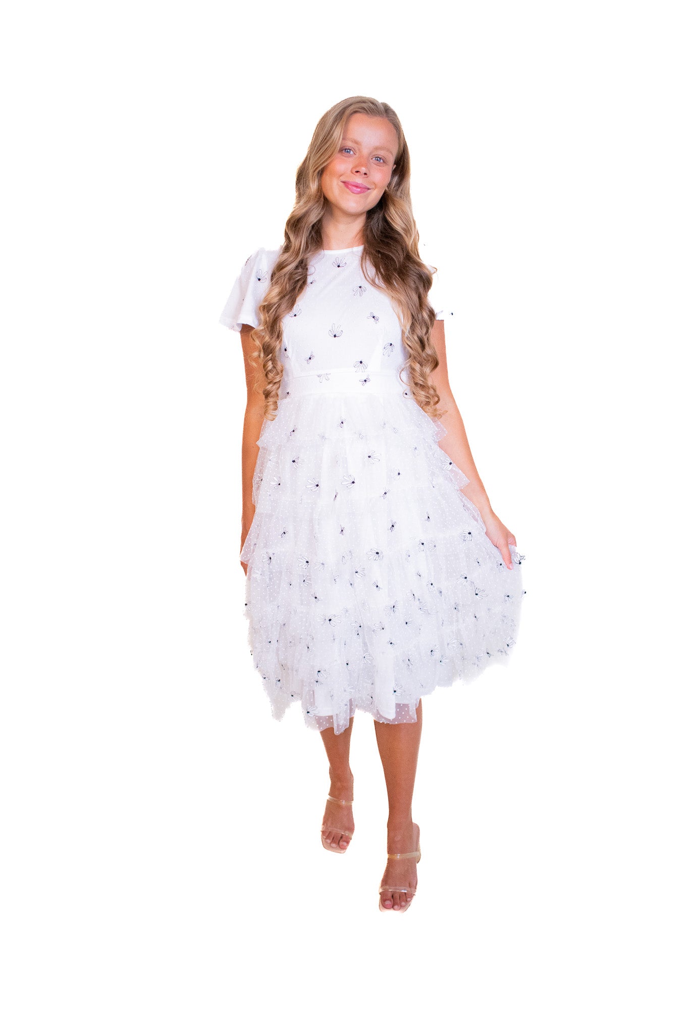 The Jade Ruffle Dress White Bow Embroidered Tulle