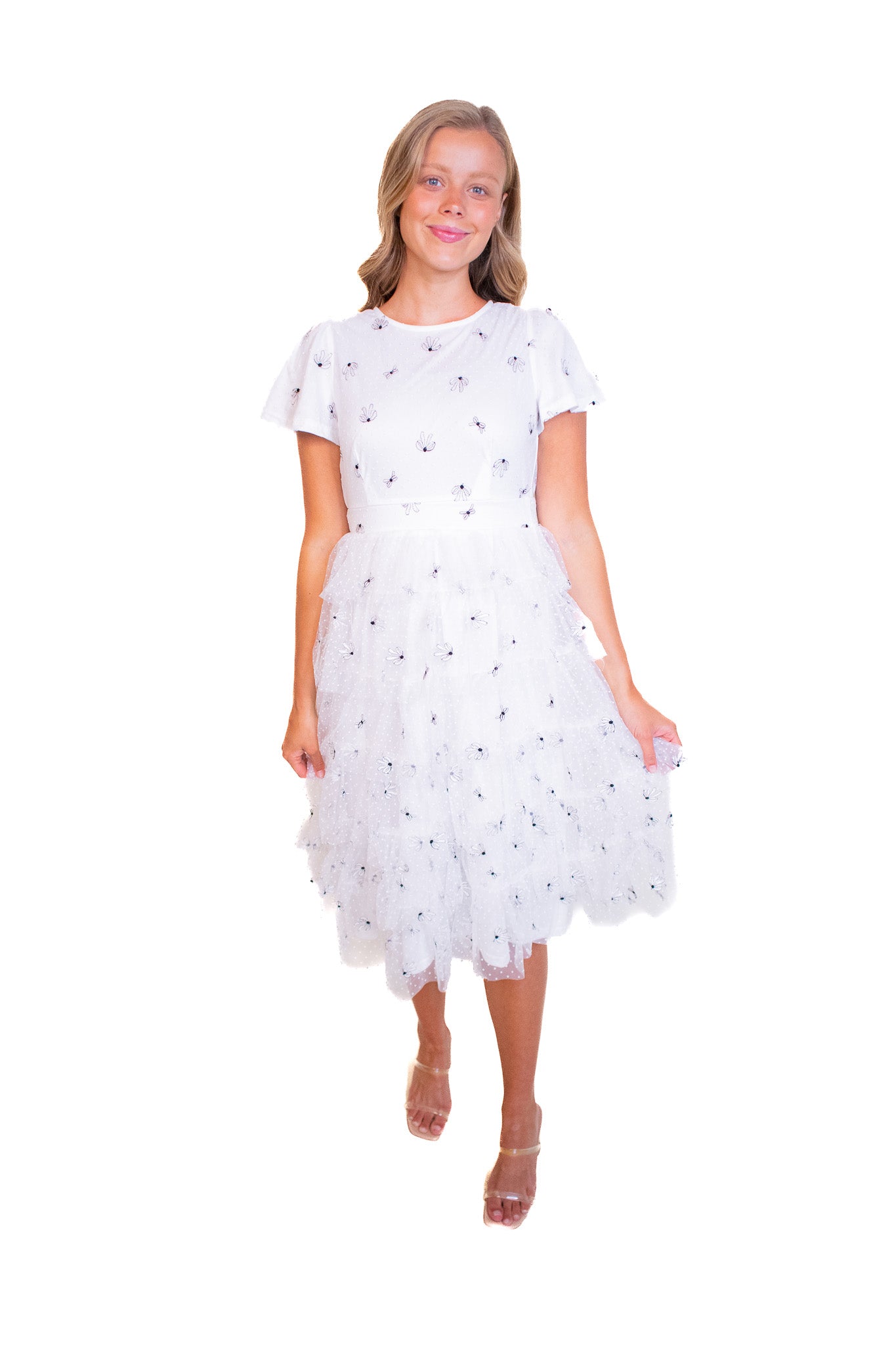 The Jade Ruffle Dress White Bow Embroidered Tulle