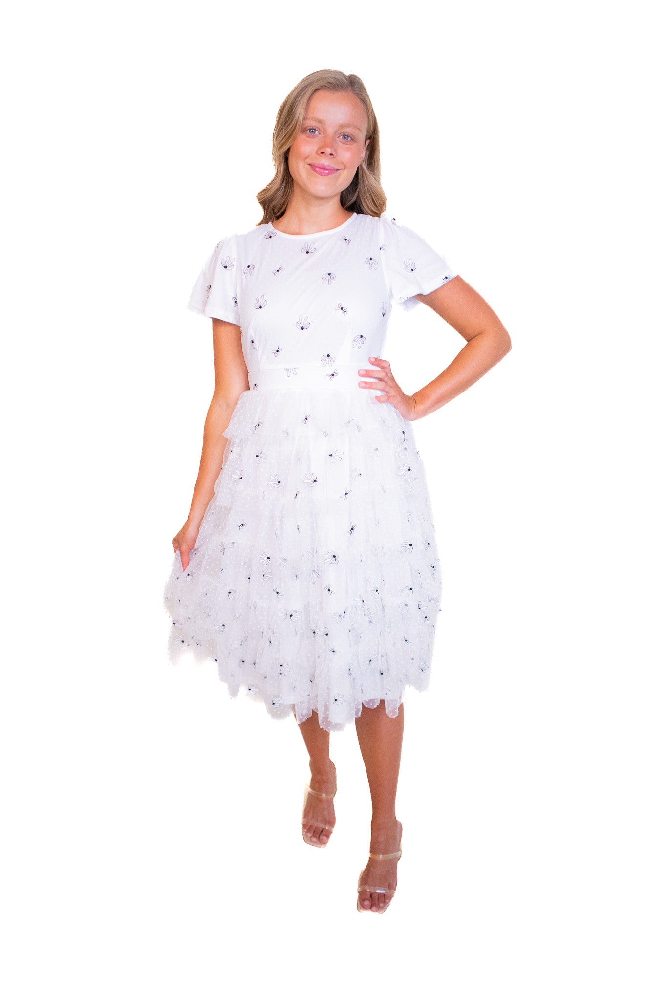 The Jade Ruffle Dress White Bow Embroidered Tulle