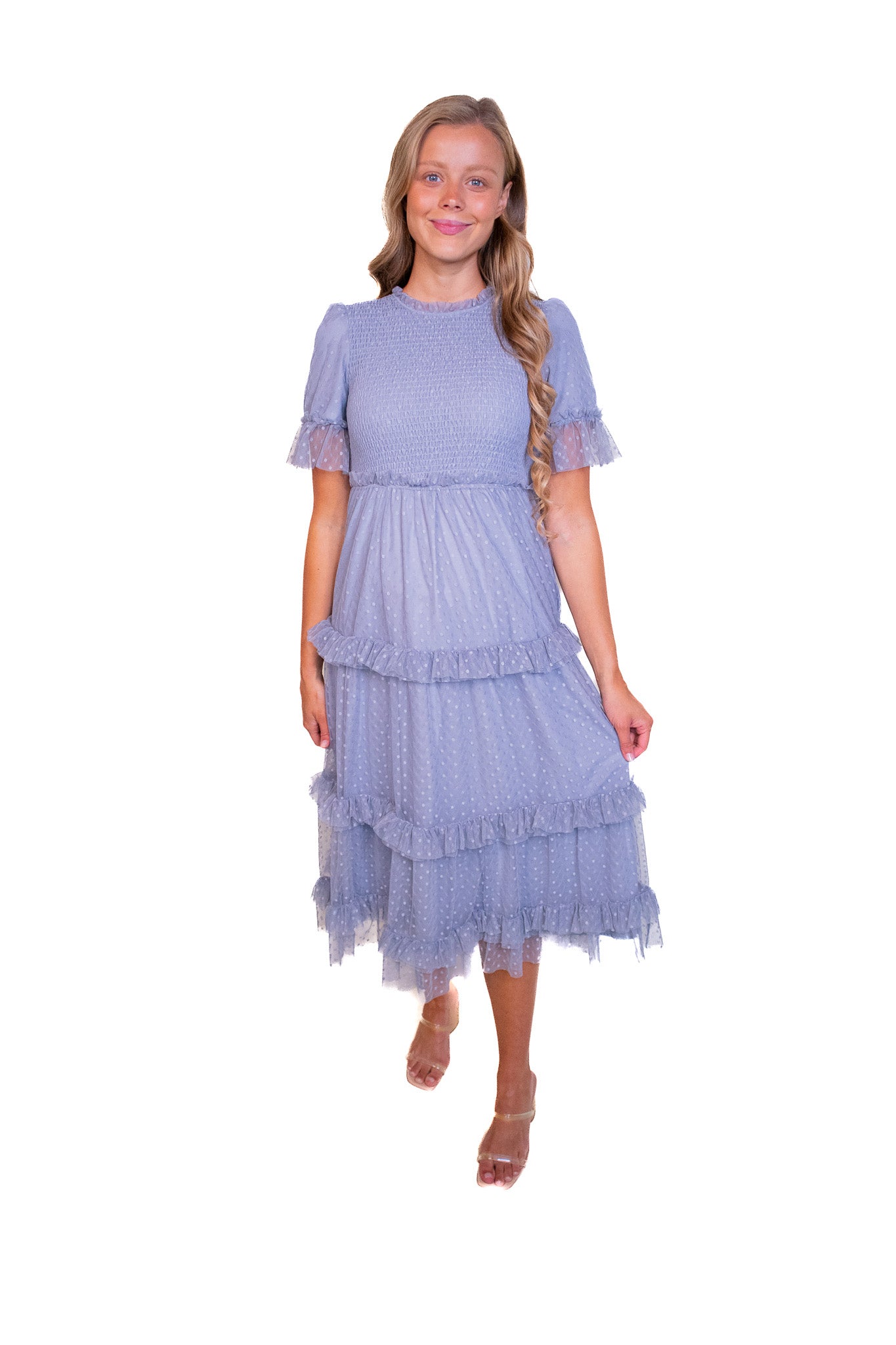 The Mara Smocked Tulle Dress in Blue