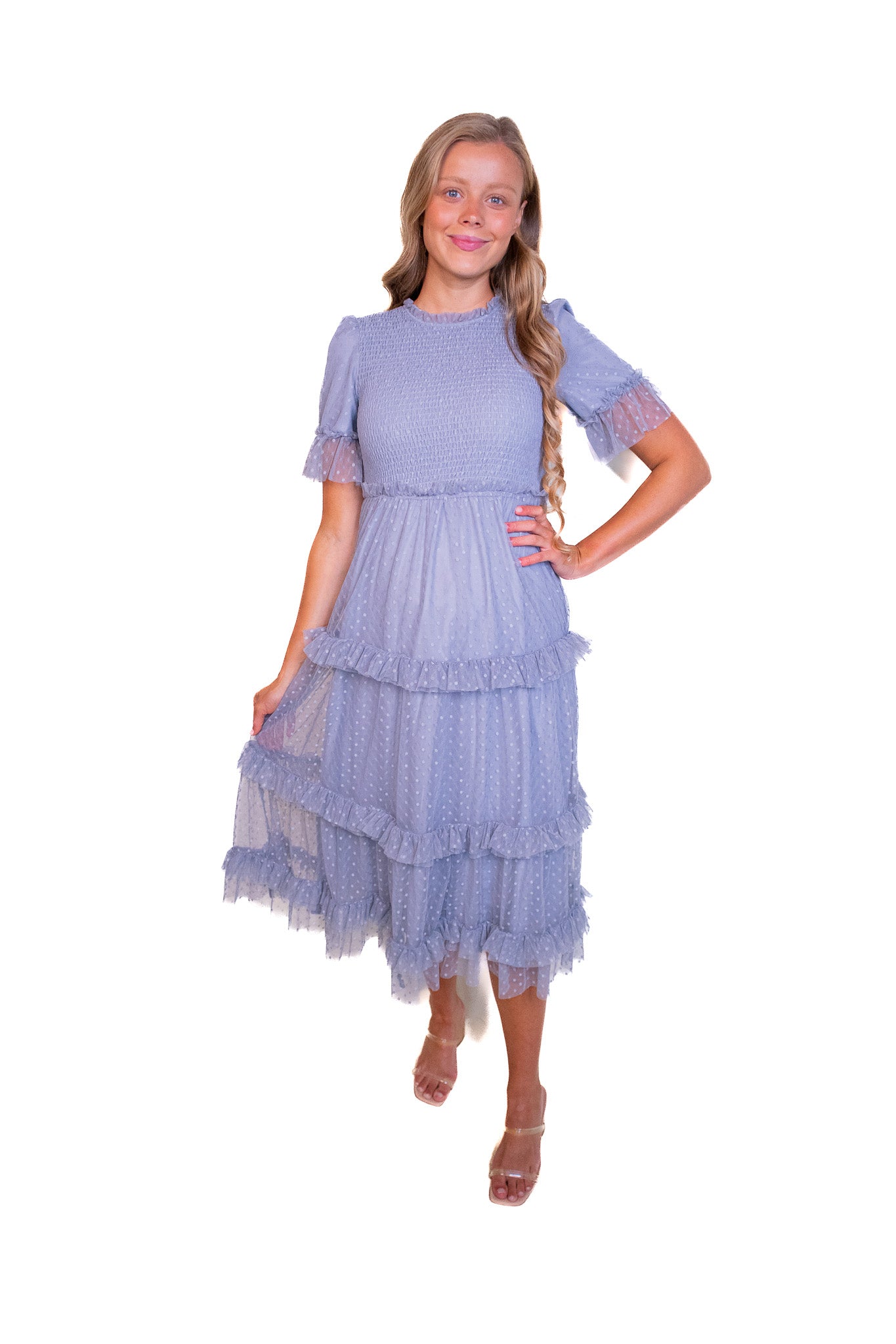 The Mara Smocked Tulle Dress in Blue