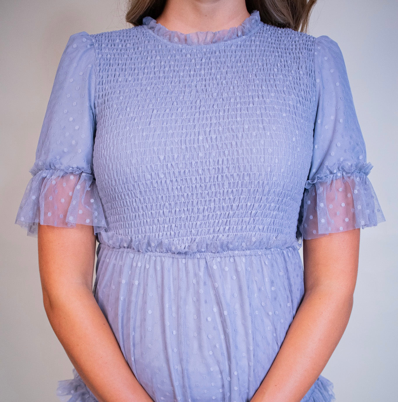 The Mara Smocked Tulle Dress in Blue