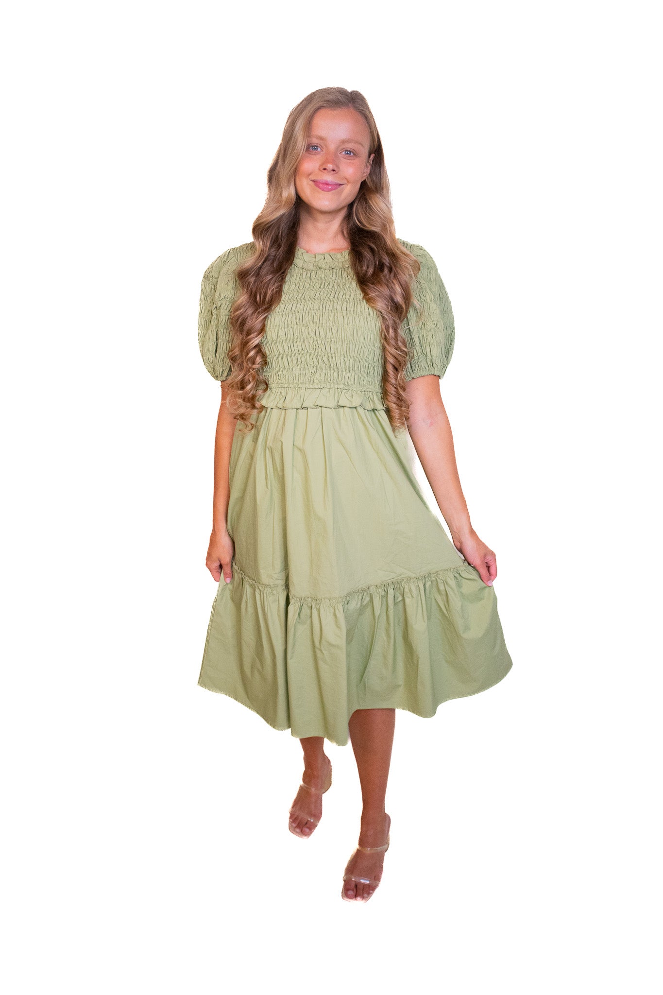 The Eliana Smocked Poplin Dress in Olive