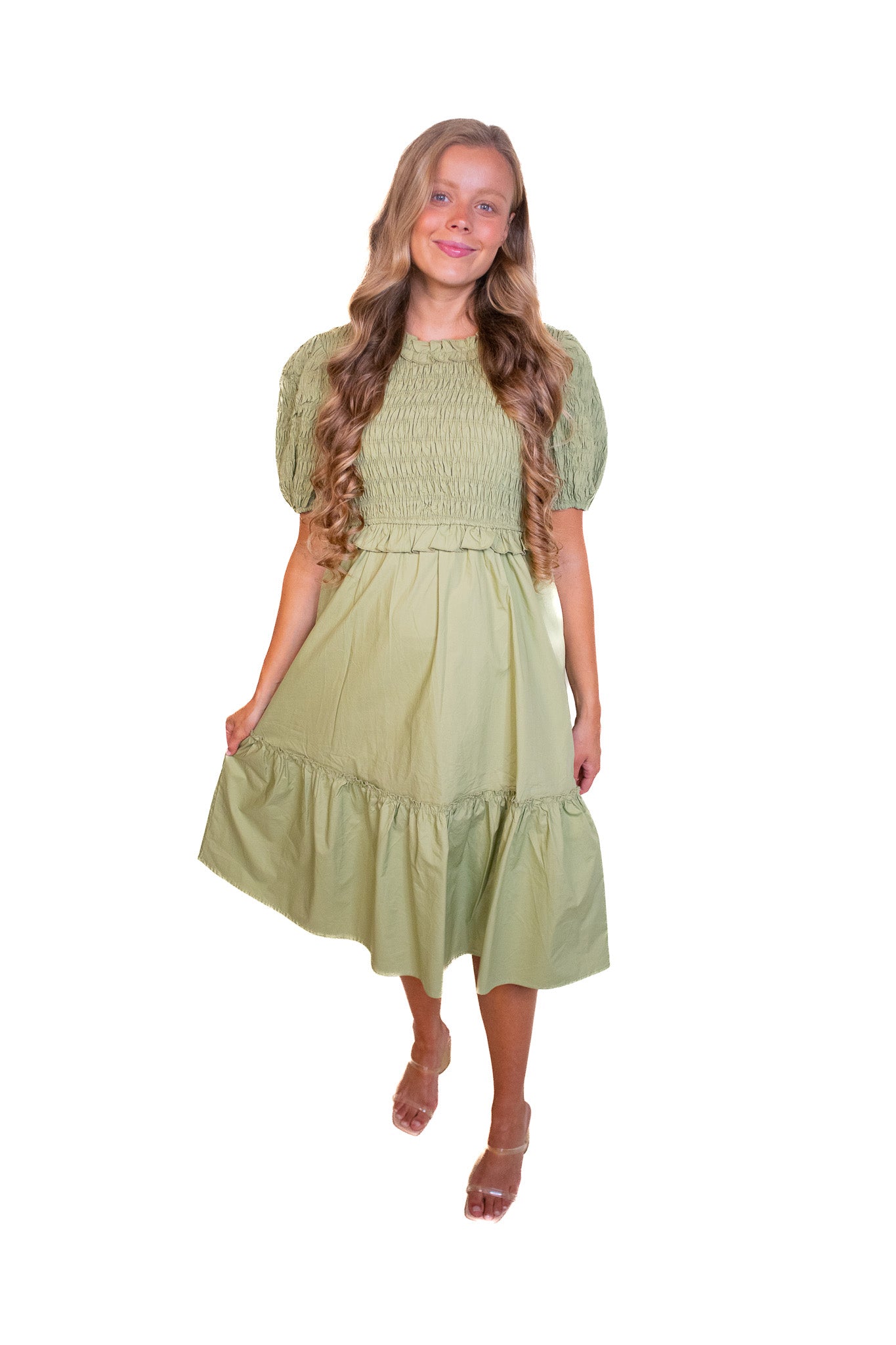 The Eliana Smocked Poplin Dress in Olive