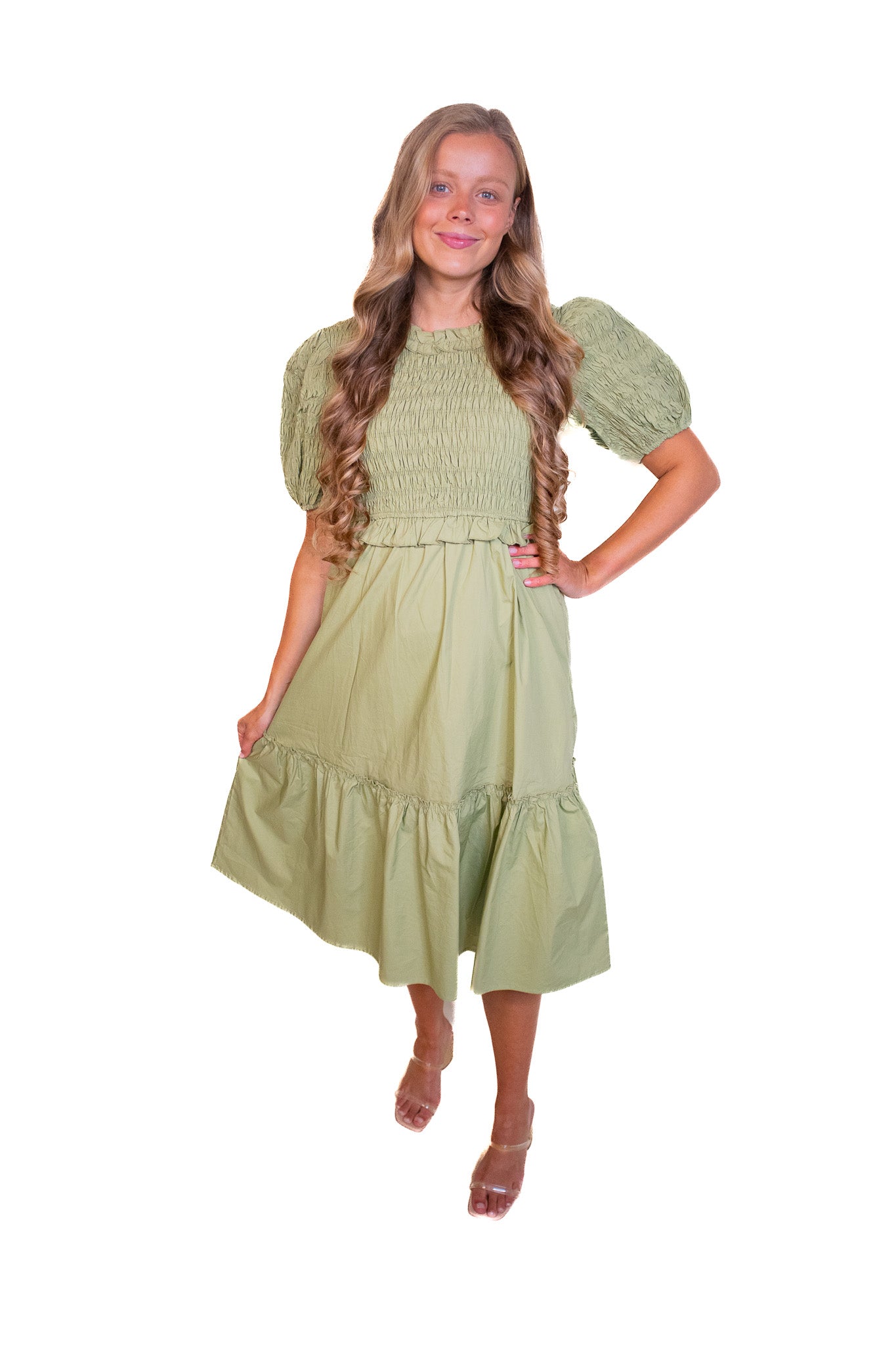 The Eliana Smocked Poplin Dress in Olive