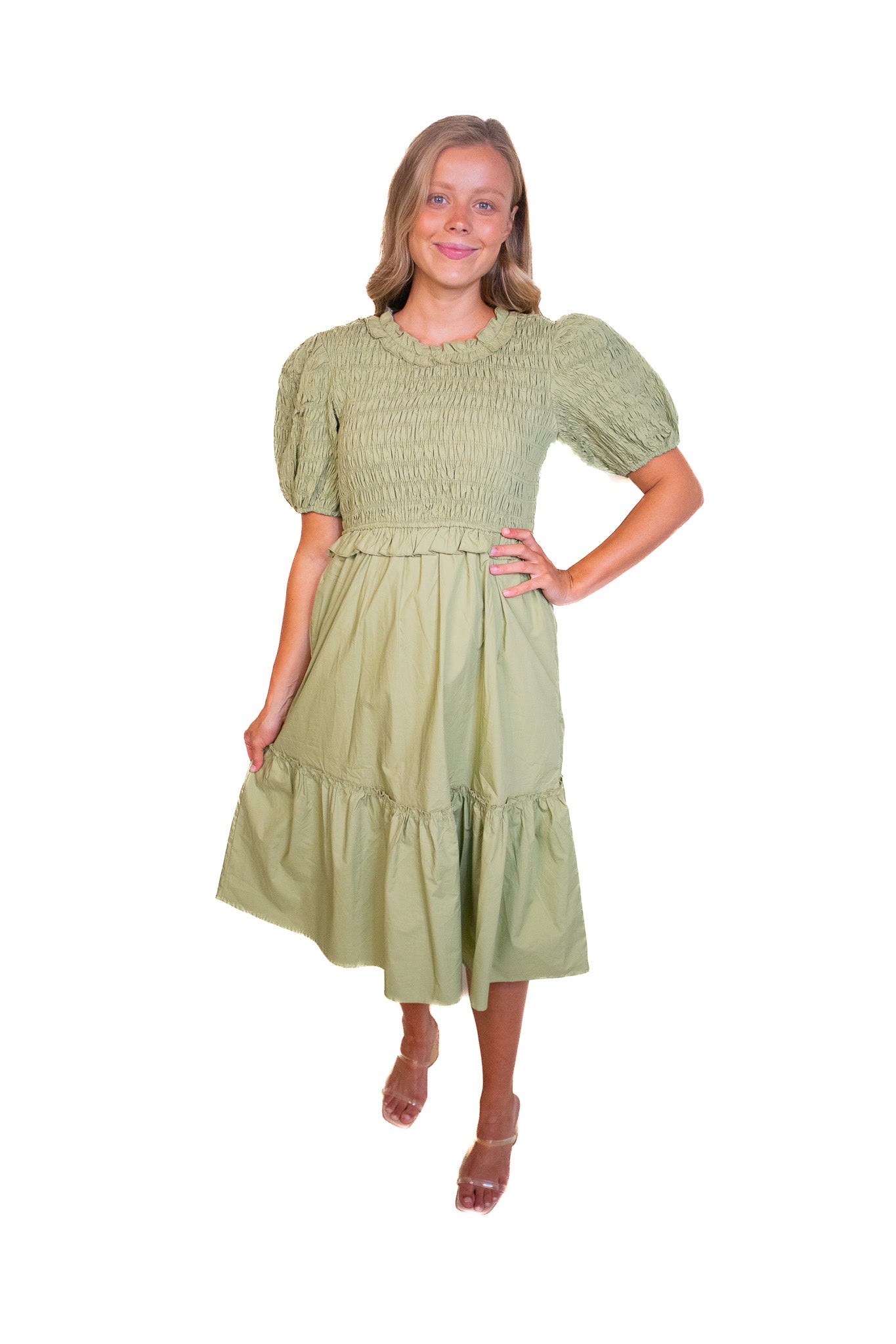 The Eliana Smocked Poplin Dress in Olive