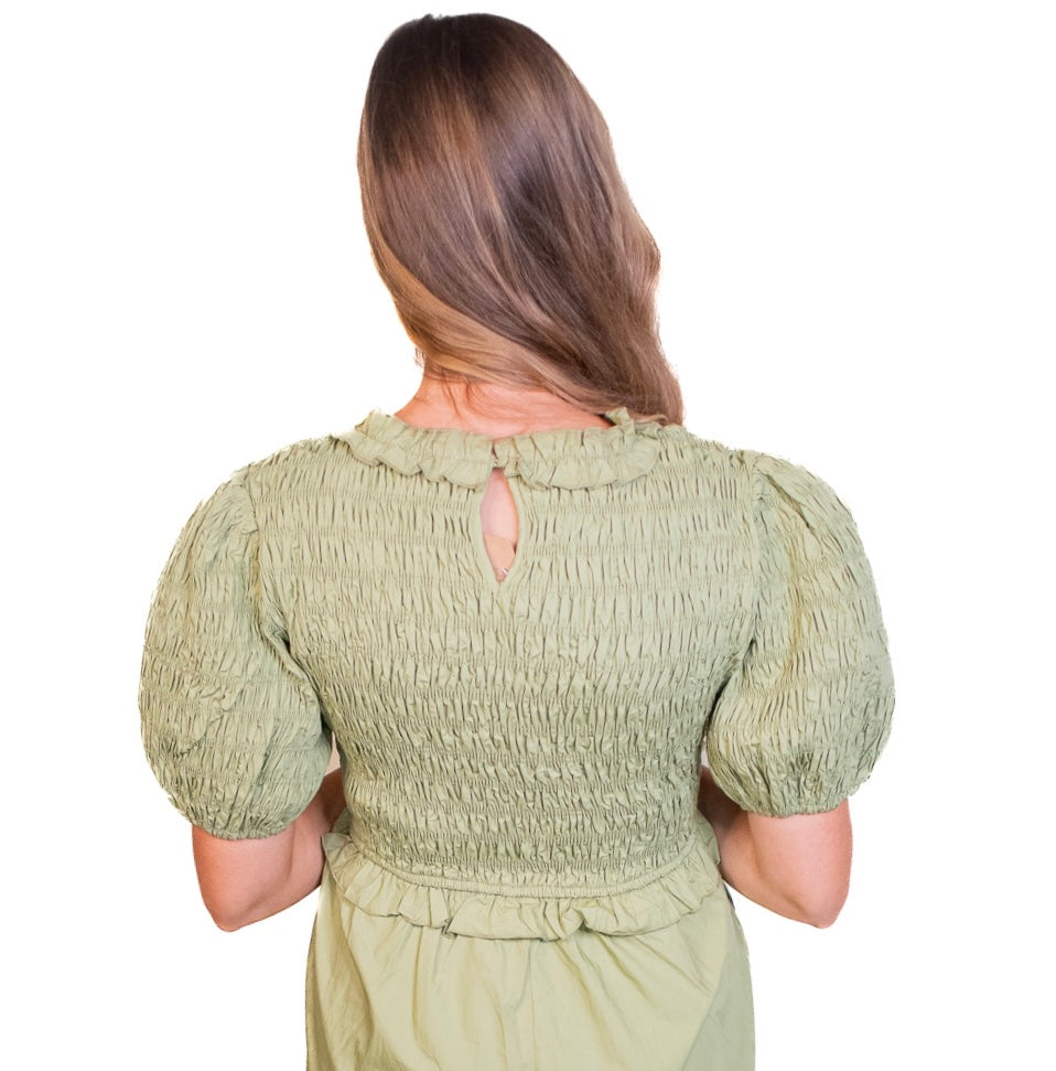 The Eliana Smocked Poplin Dress in Olive