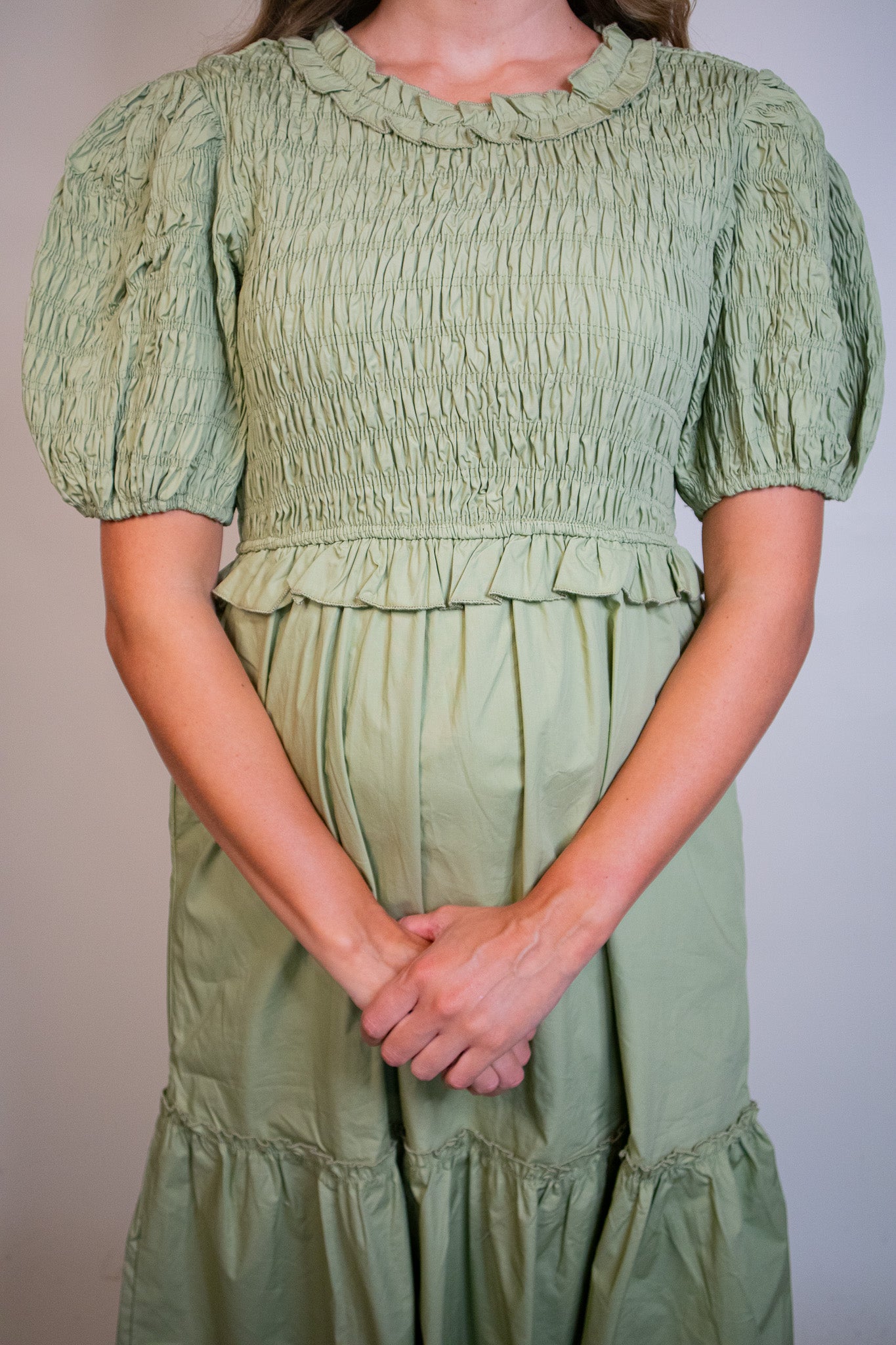 The Eliana Smocked Poplin Dress in Olive