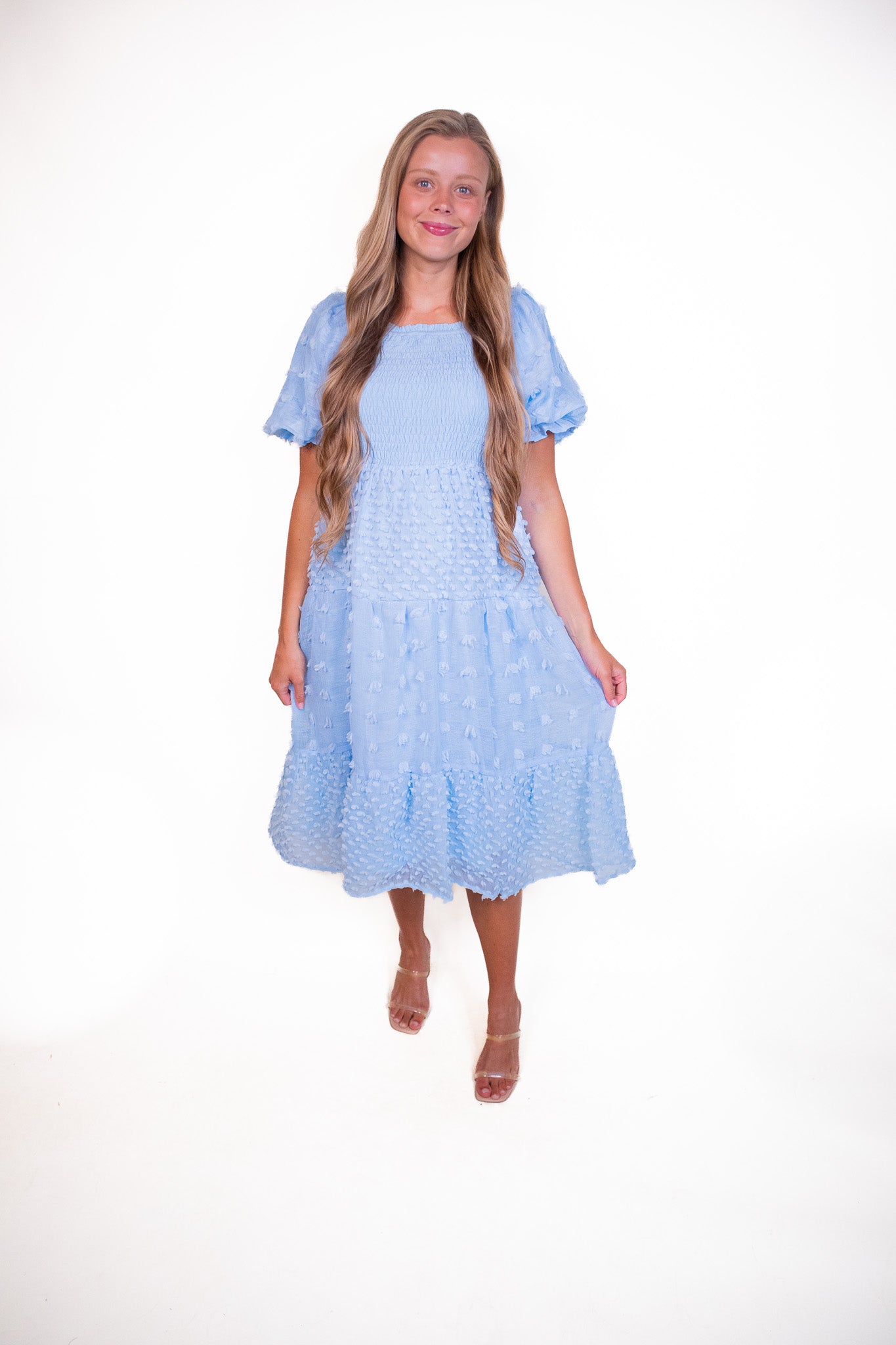 The Leah Smocked Pom Dress in Baby Blue