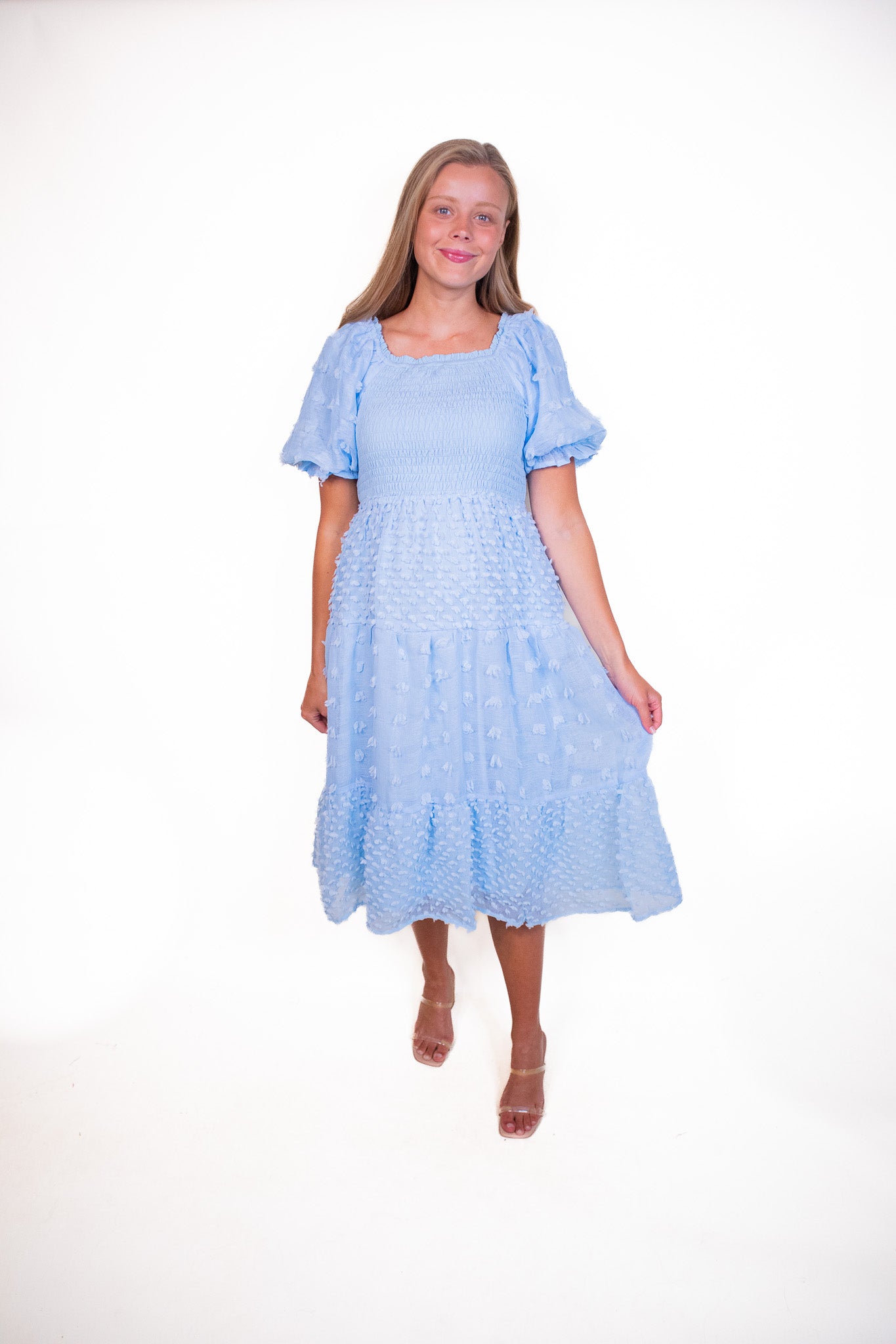 The Leah Smocked Pom Dress in Baby Blue