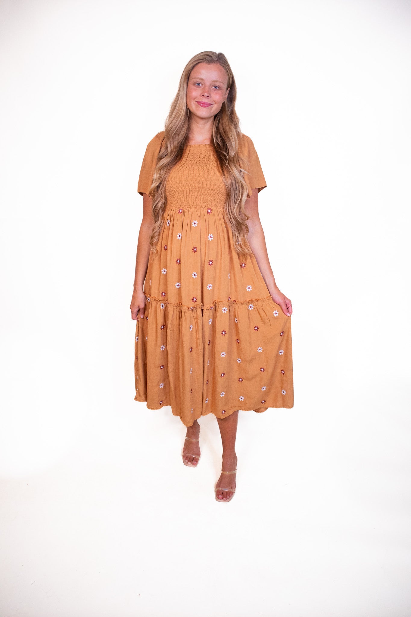 The Maya Smocked Embroidered Floral Dress in Rust