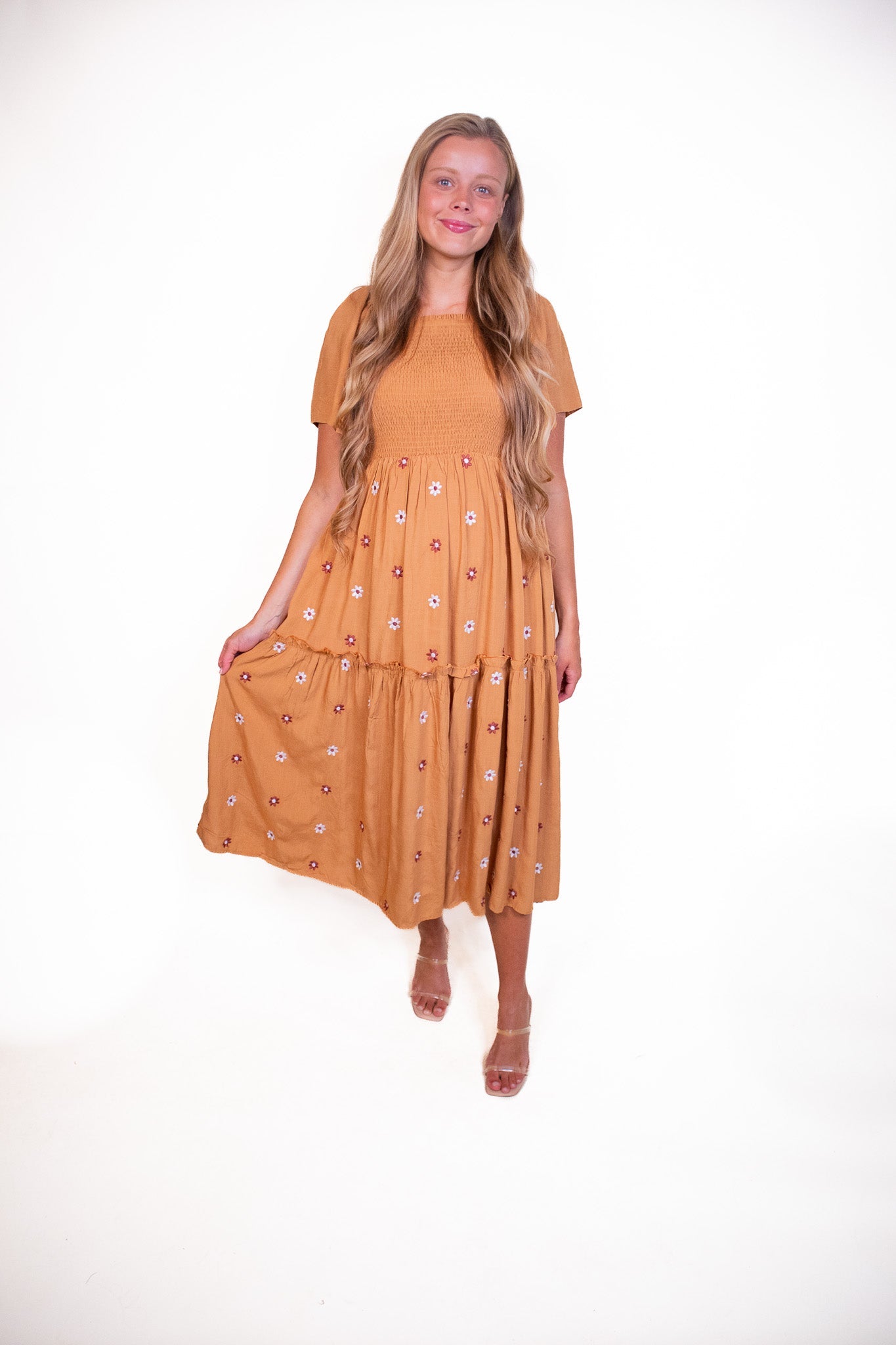 The Maya Smocked Embroidered Floral Dress in Rust