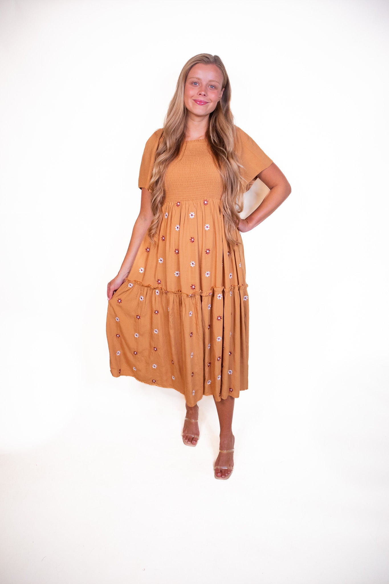 The Maya Smocked Embroidered Floral Dress in Rust