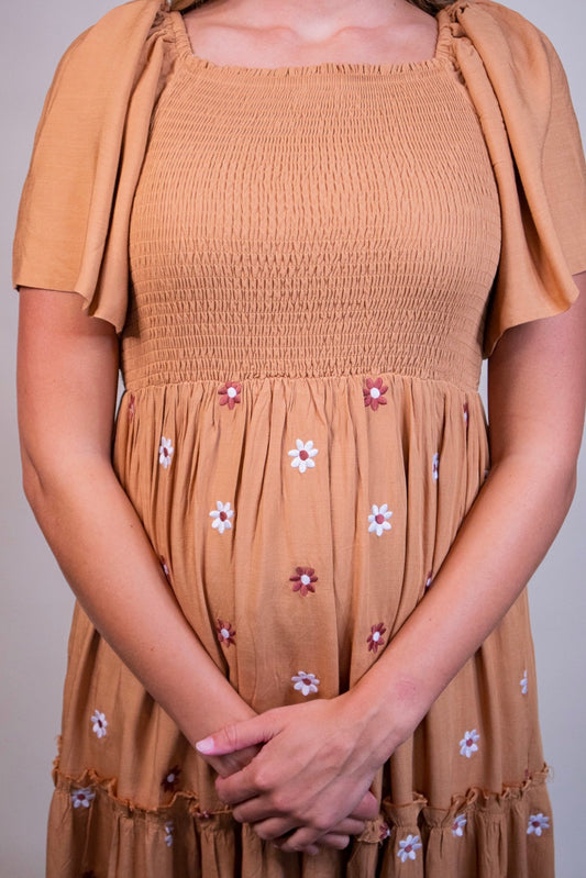 The Maya Smocked Embroidered Floral Dress in Rust