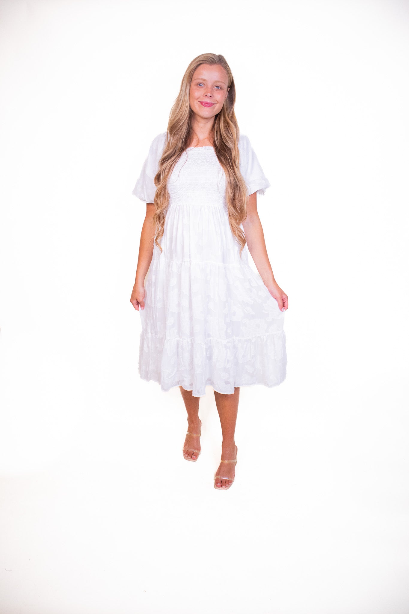 The Madelyn Smocked Floral Dress in White