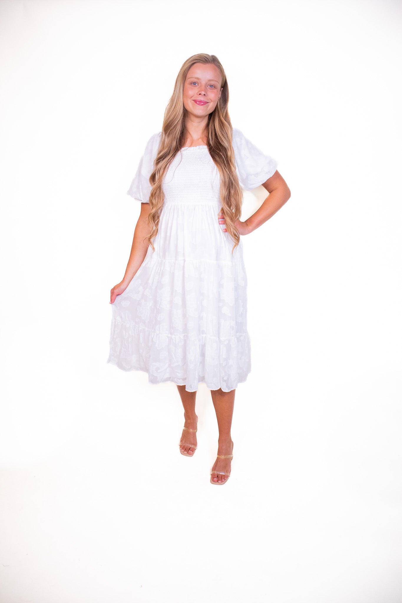 The Madelyn Smocked Floral Dress in White