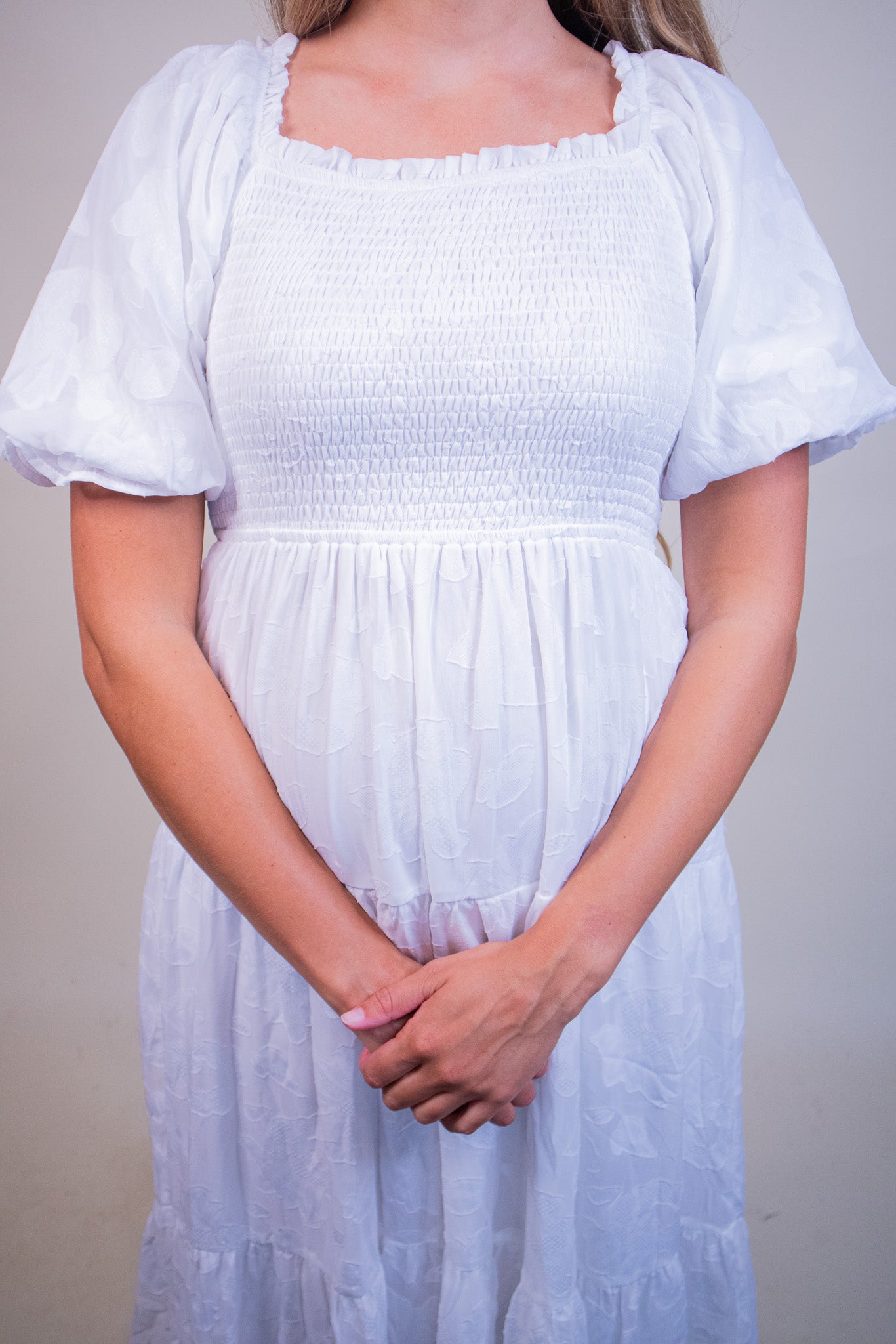 The Madelyn Smocked Floral Dress in White