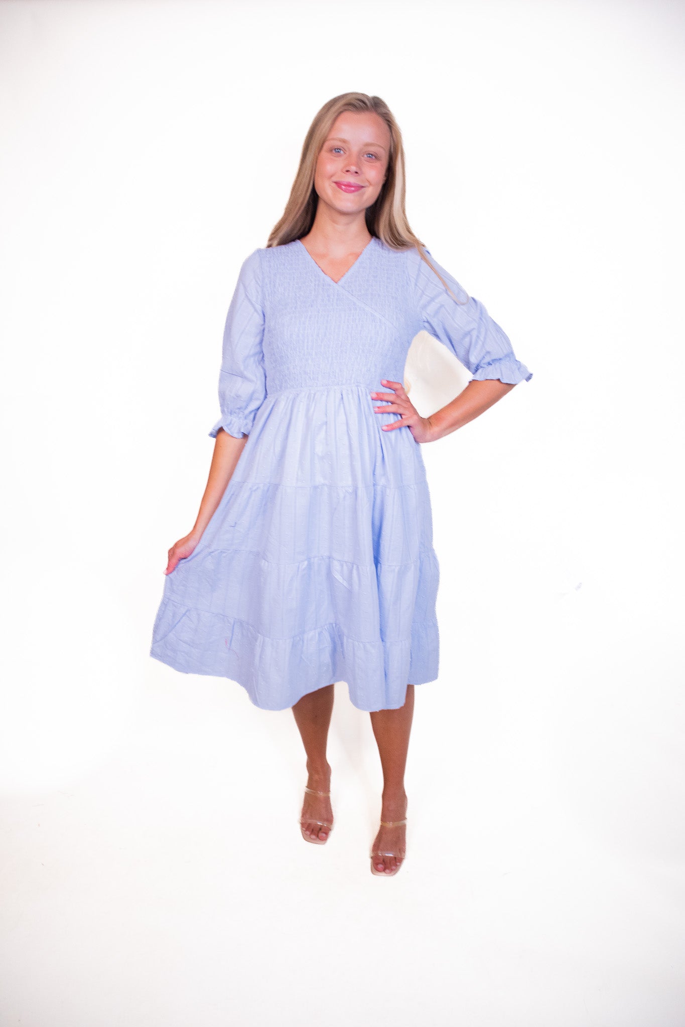 The Ellen Smocked Wrap Dress in Baby Blue