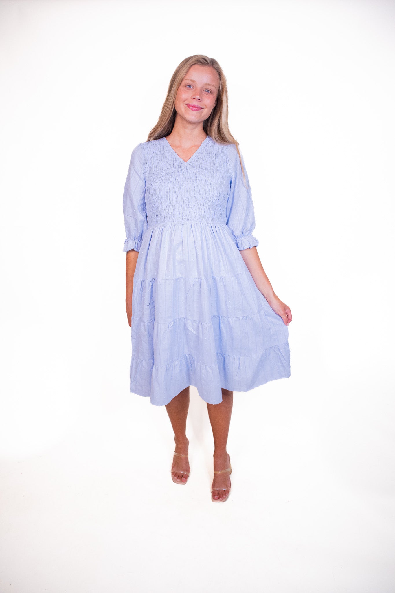 The Ellen Smocked Wrap Dress in Baby Blue