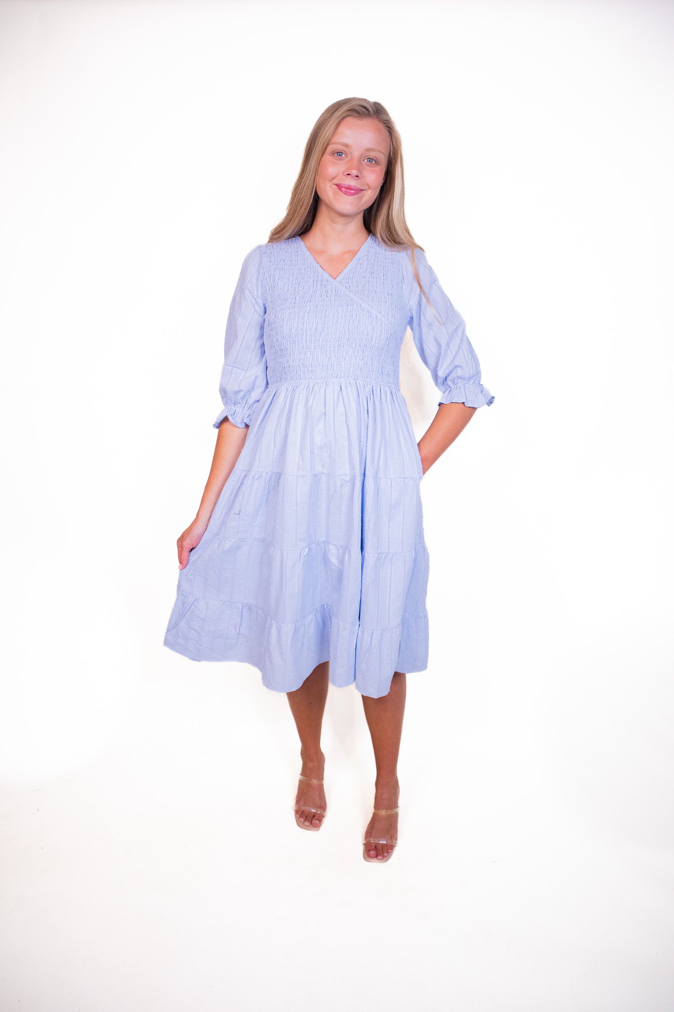 The Ellen Smocked Wrap Dress in Baby Blue