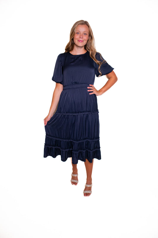 The Chloe Satin Short Sleeve Dress in Deep Navy