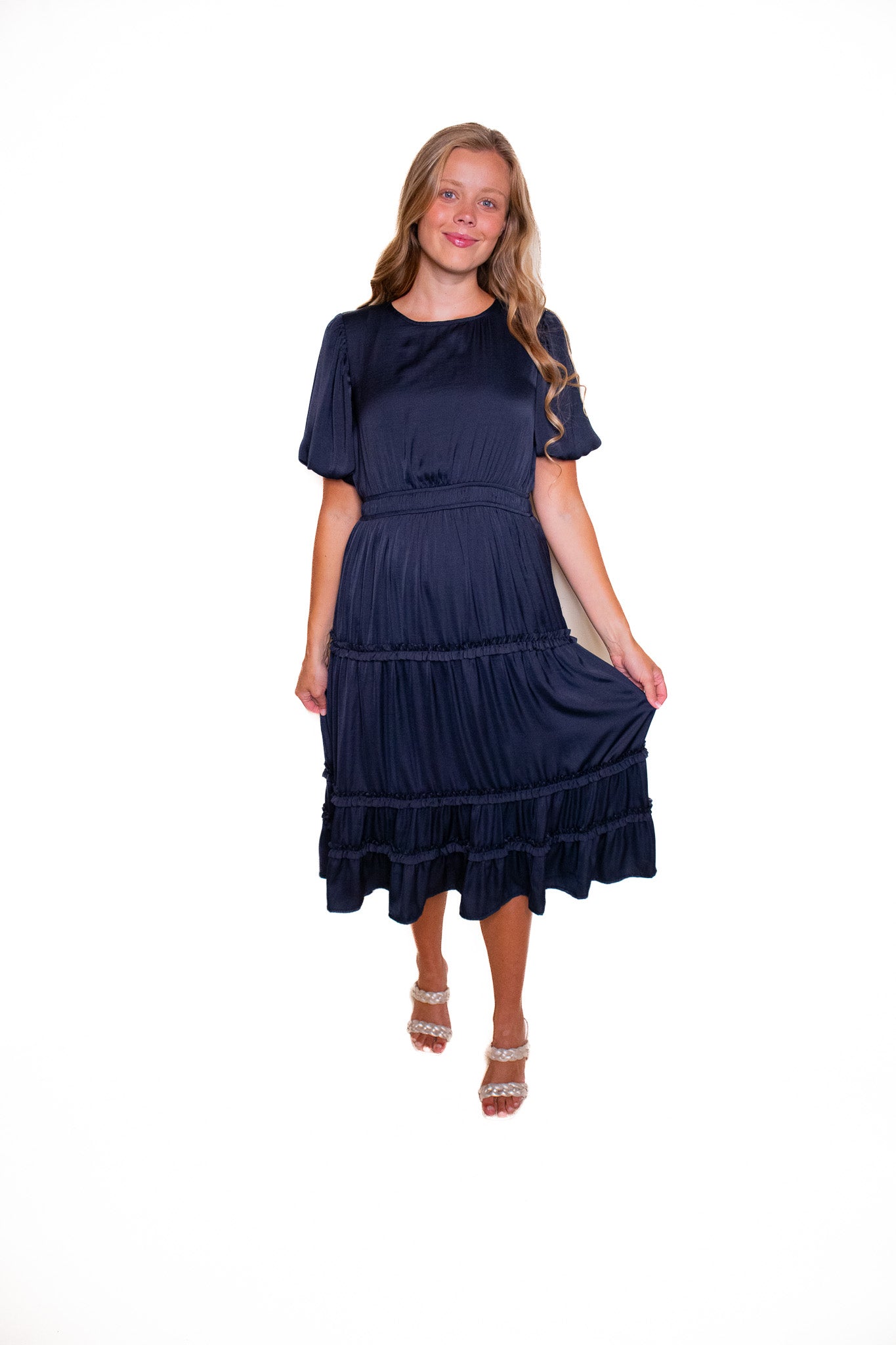 The Chloe Satin Short Sleeve Dress in Deep Navy