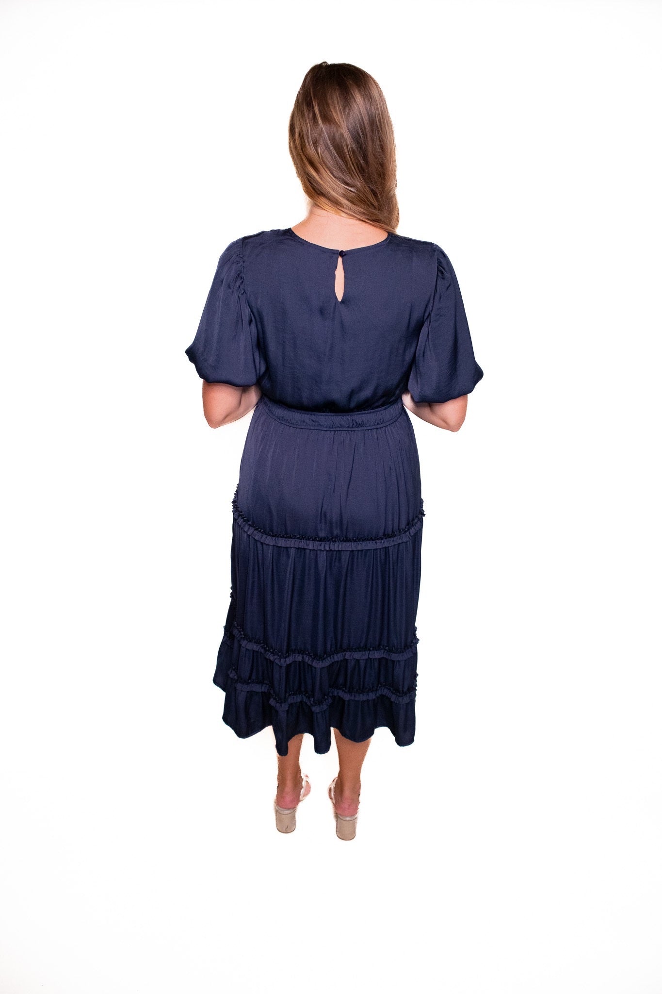 The Chloe Satin Short Sleeve Dress in Deep Navy