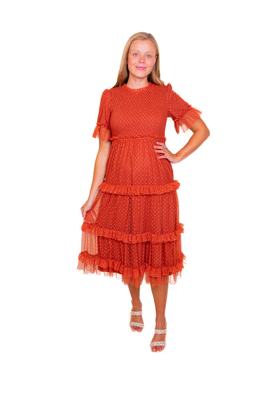 The Mara Smocked Tulle Dress in Rust