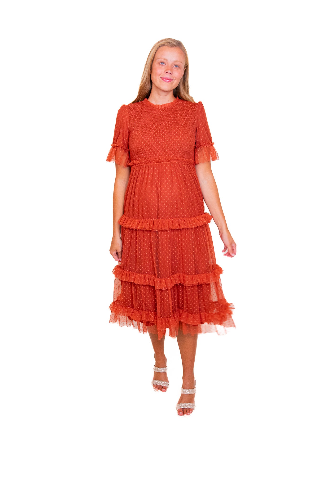 The Mara Smocked Tulle Dress in Rust