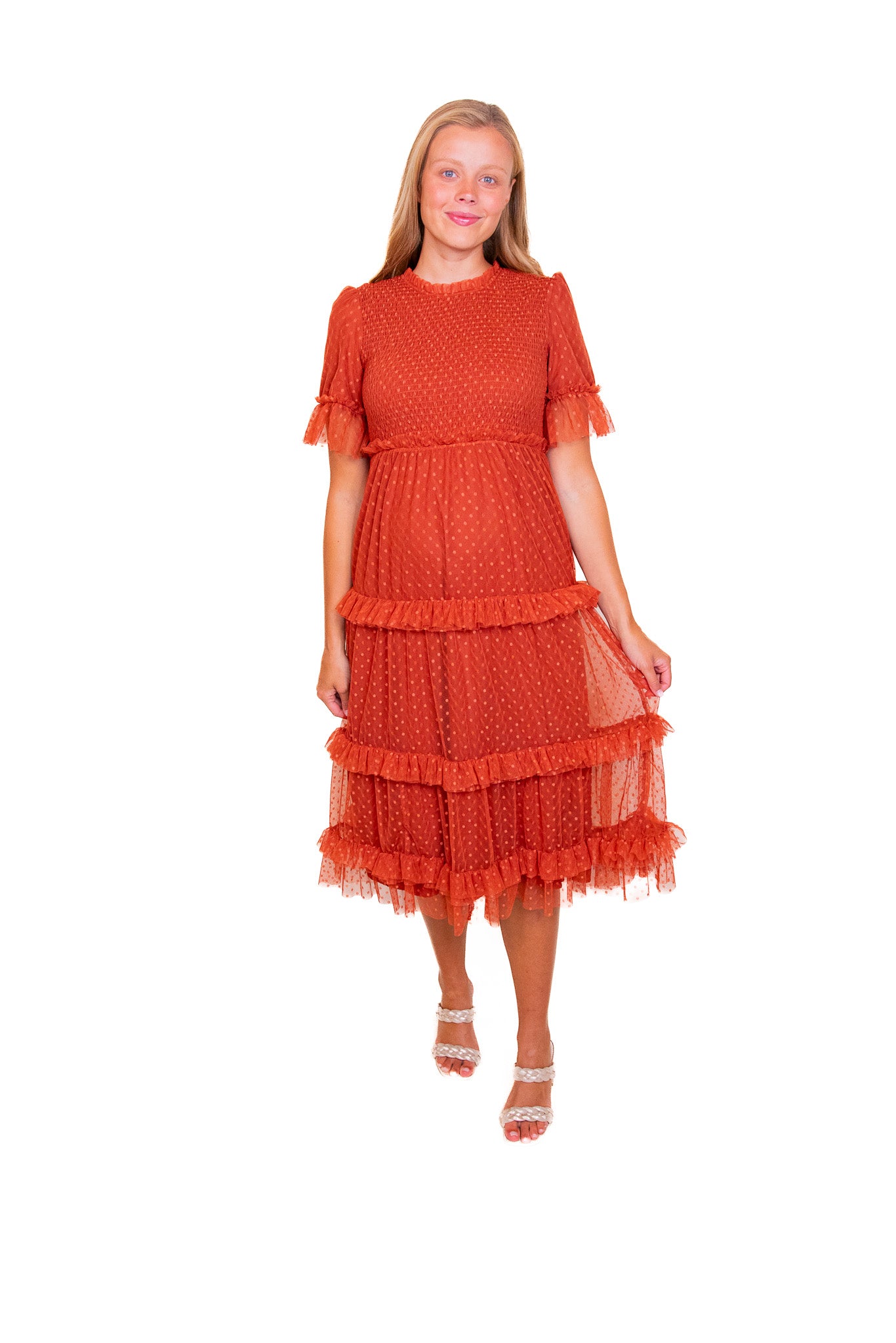 The Mara Smocked Tulle Dress in Rust