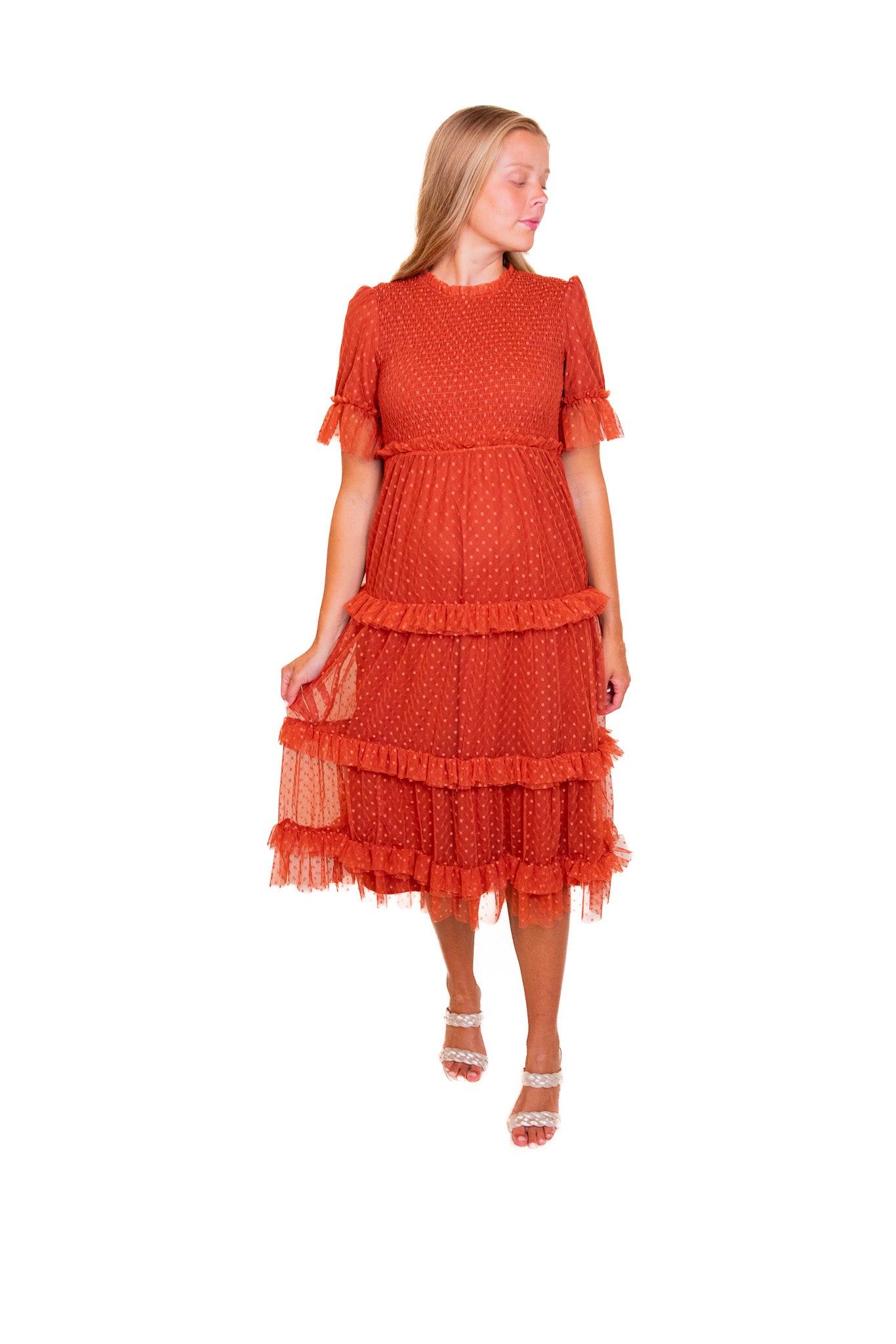 The Mara Smocked Tulle Dress in Rust