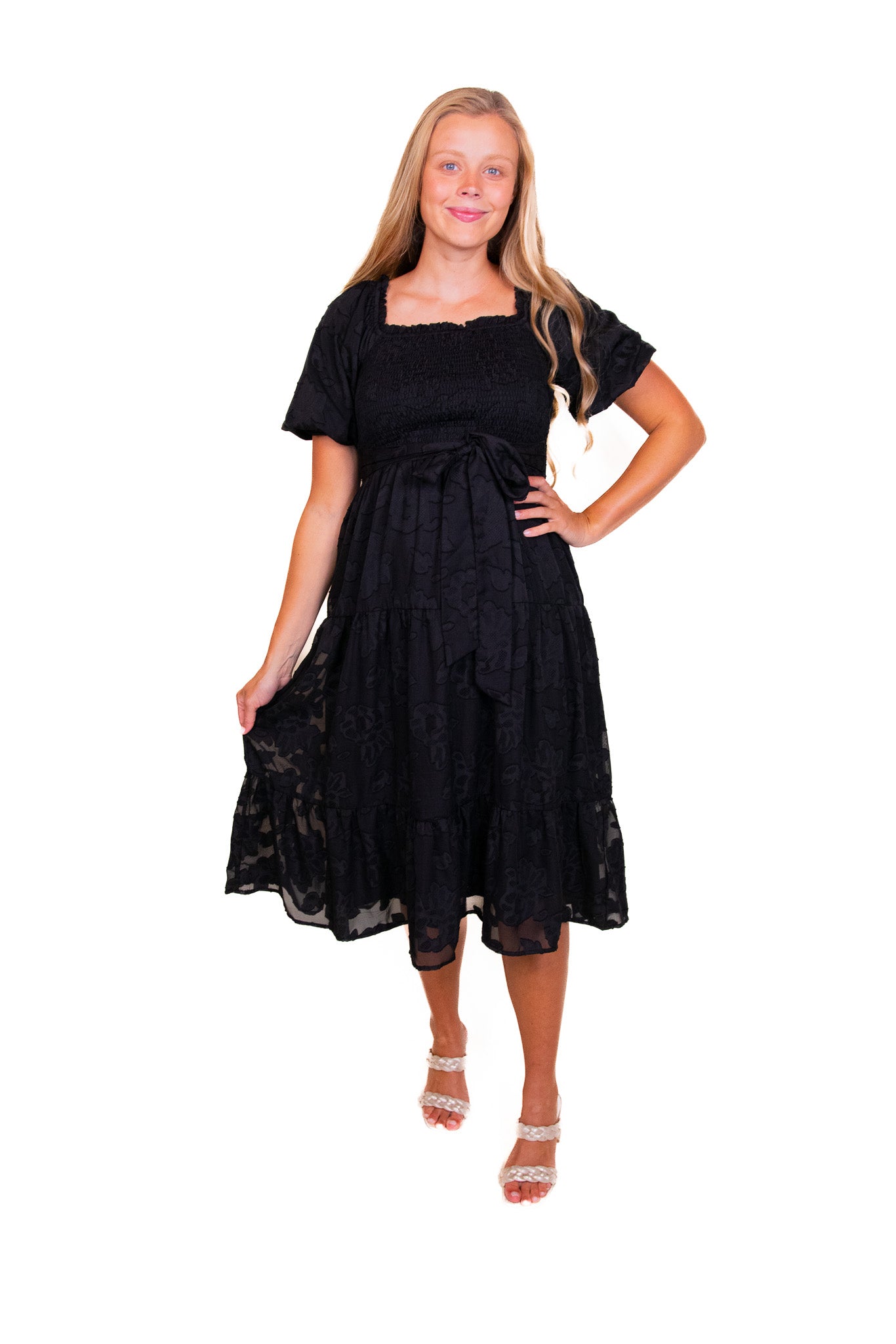 The Madelyn Smocked Floral Dress in Black