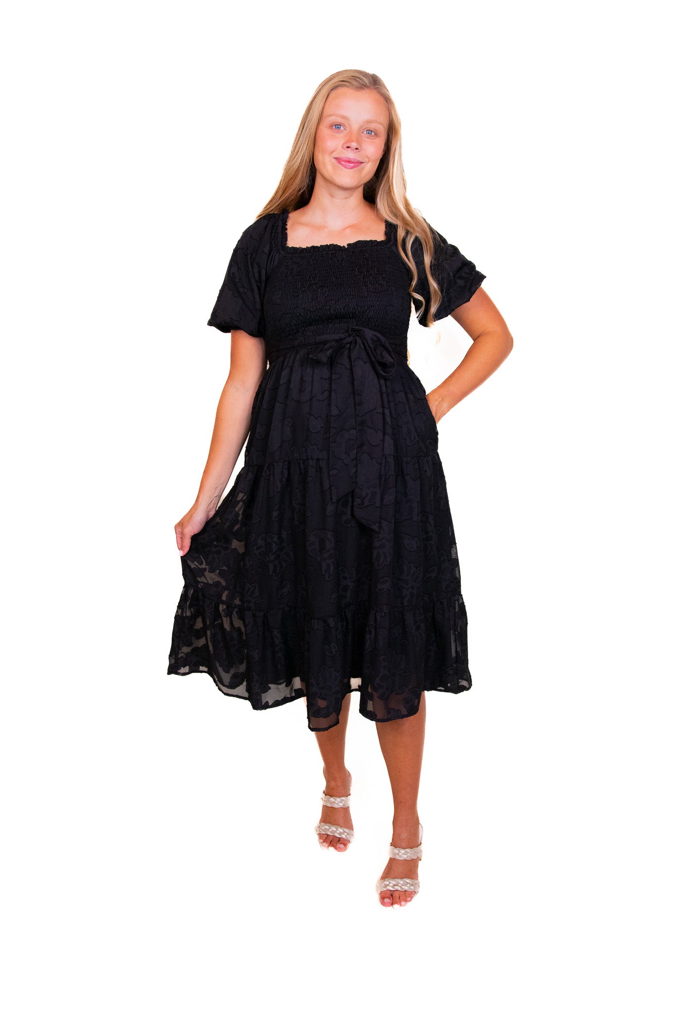 The Madelyn Smocked Floral Dress in Black