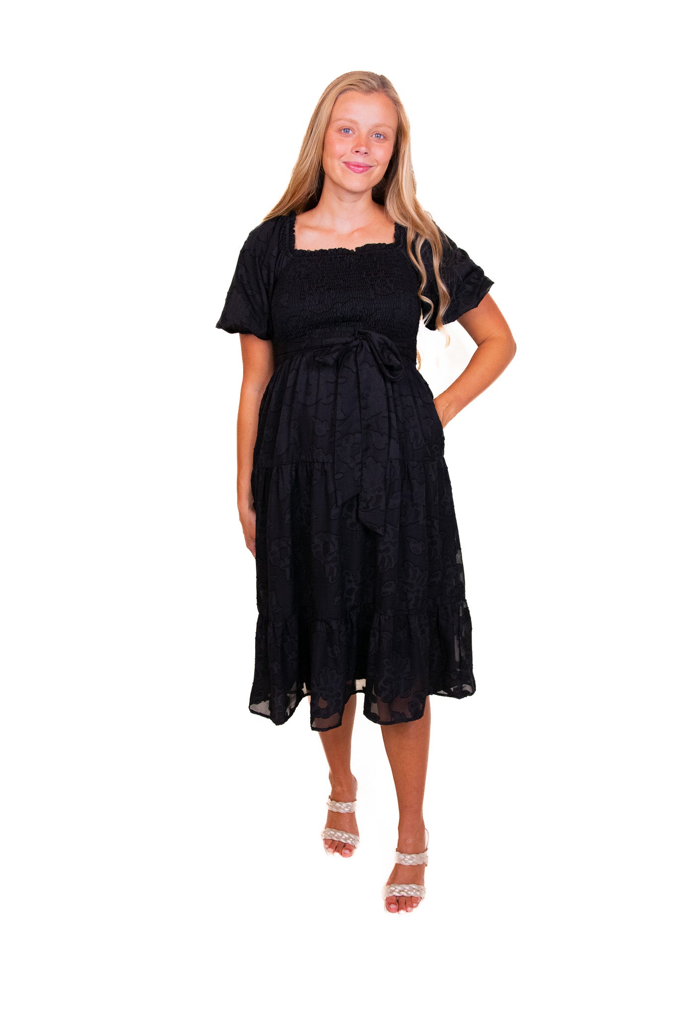 The Madelyn Smocked Floral Dress in Black