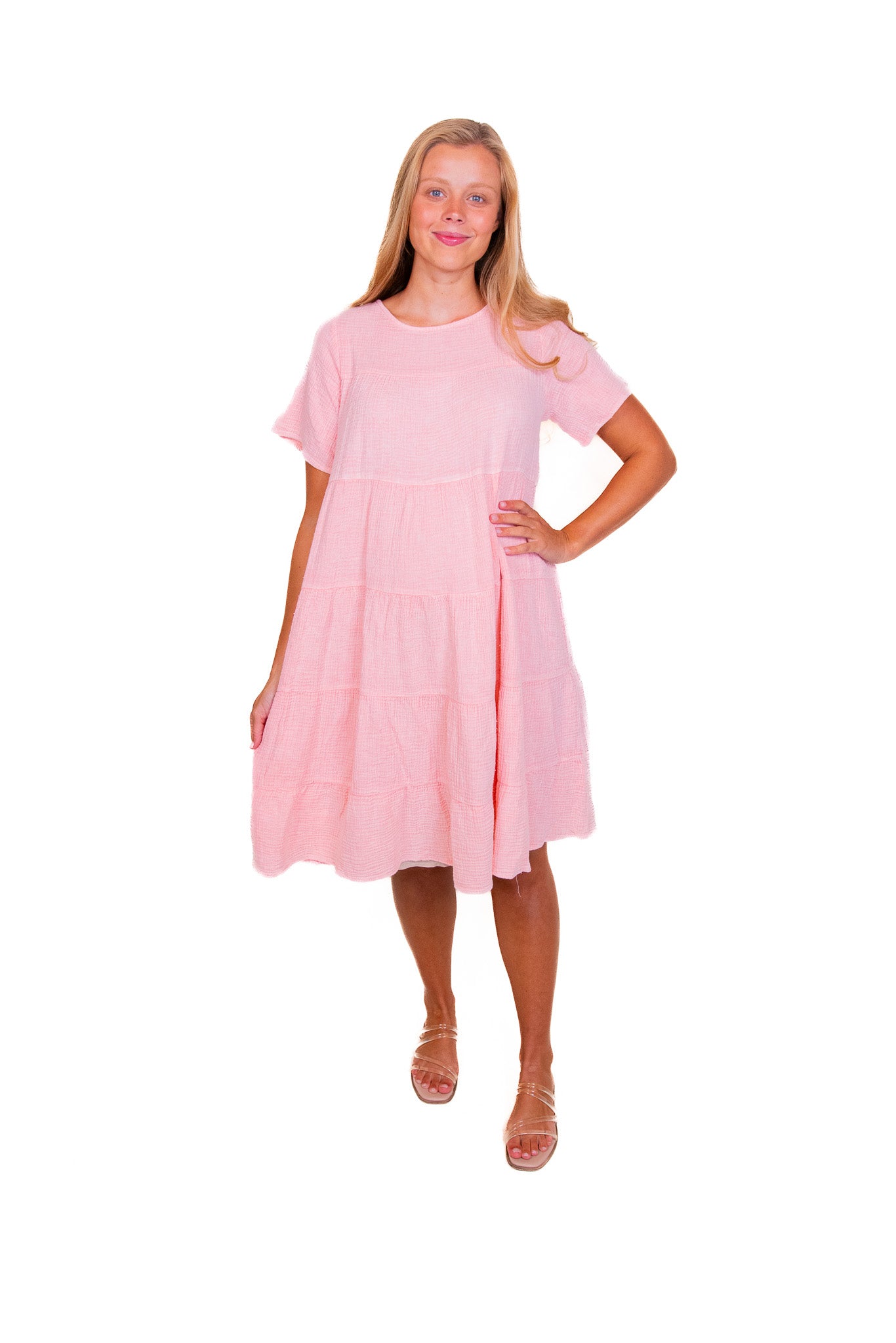 The Brooke Babydoll Tiered Dress in Bubblegum