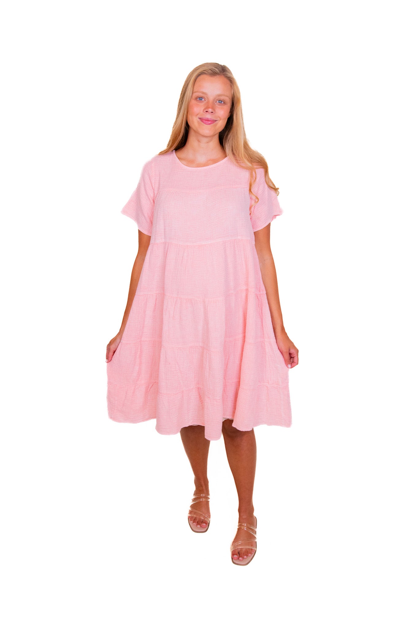 The Brooke Babydoll Tiered Dress in Bubblegum