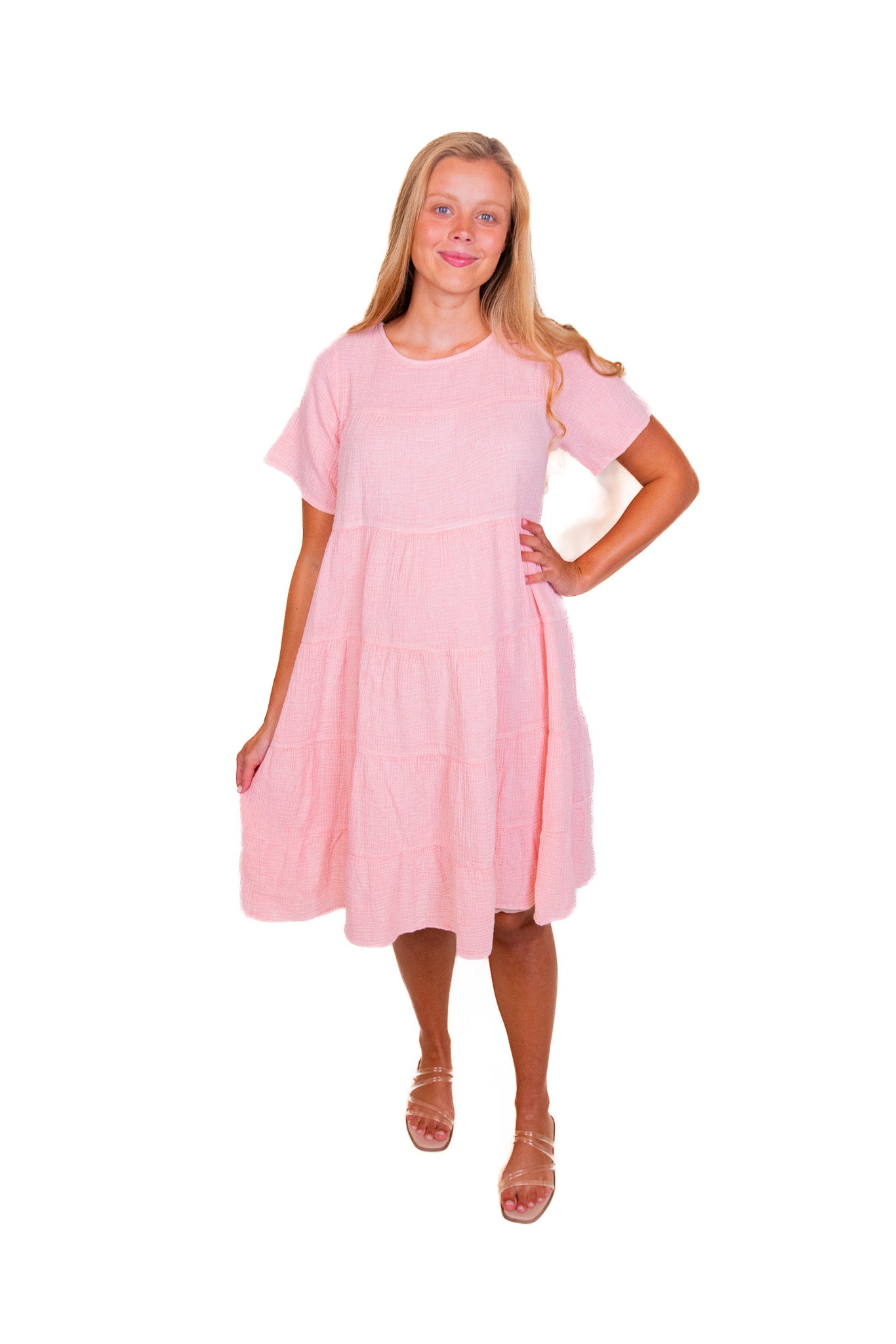 The Brooke Babydoll Tiered Dress in Bubblegum