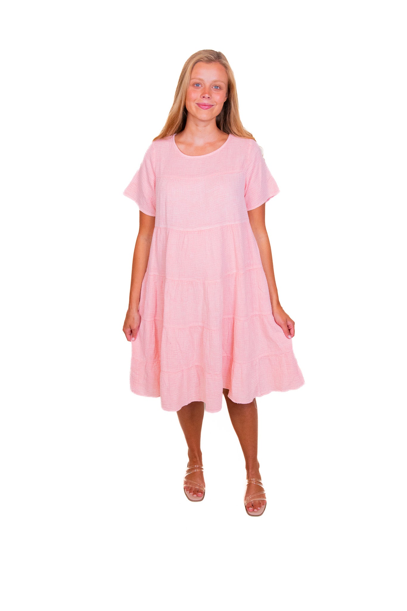 The Brooke Babydoll Tiered Dress in Bubblegum