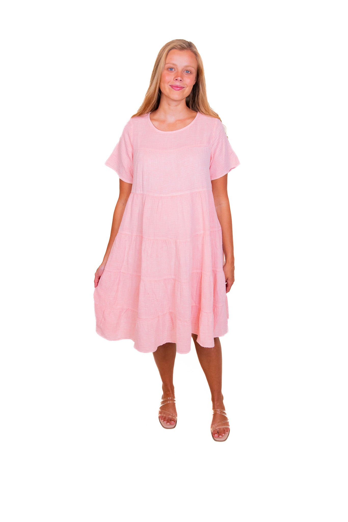 The Brooke Babydoll Tiered Dress in Bubblegum