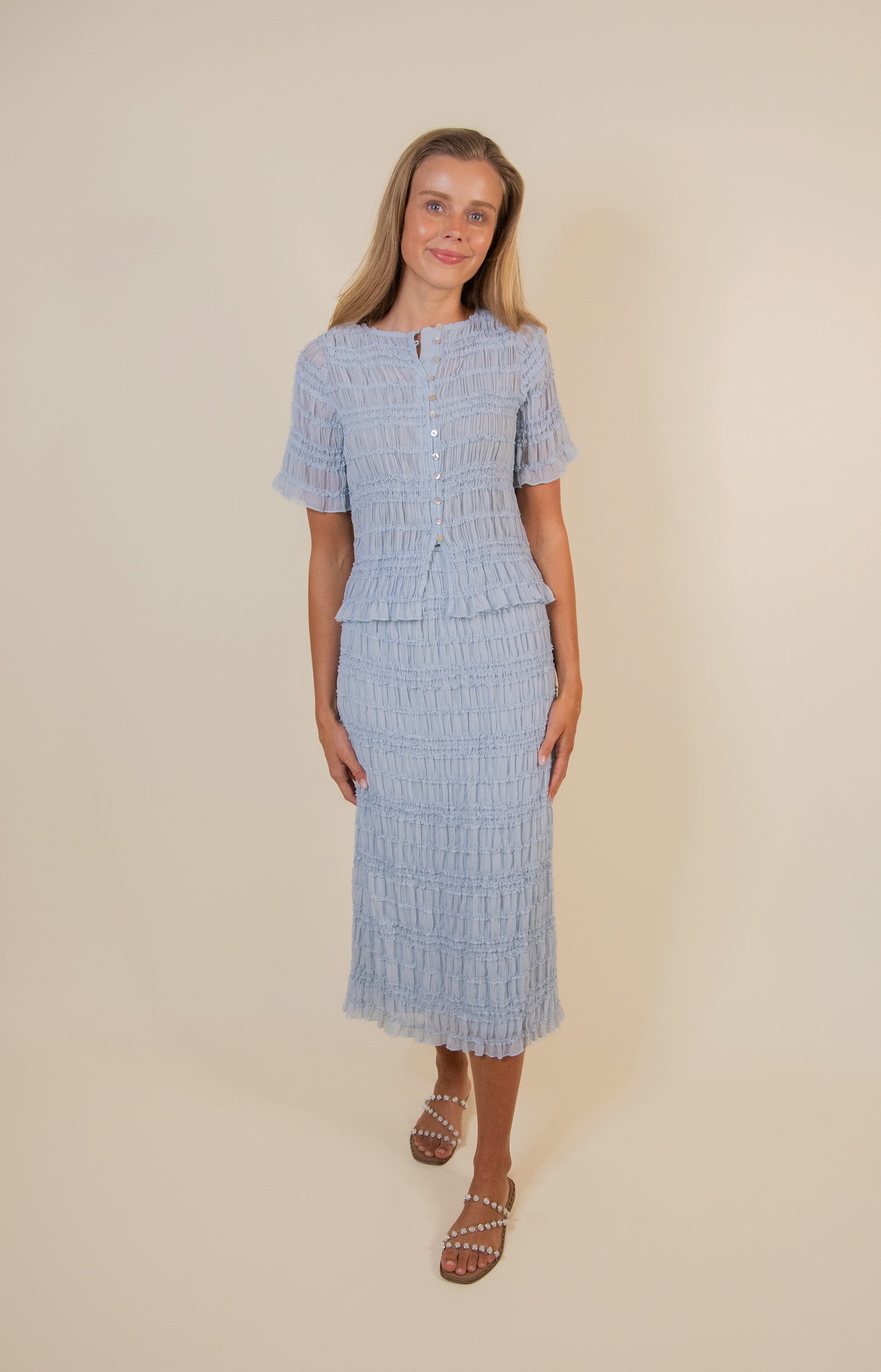 The Rory Smocked Chiffon Set in Baby Blue