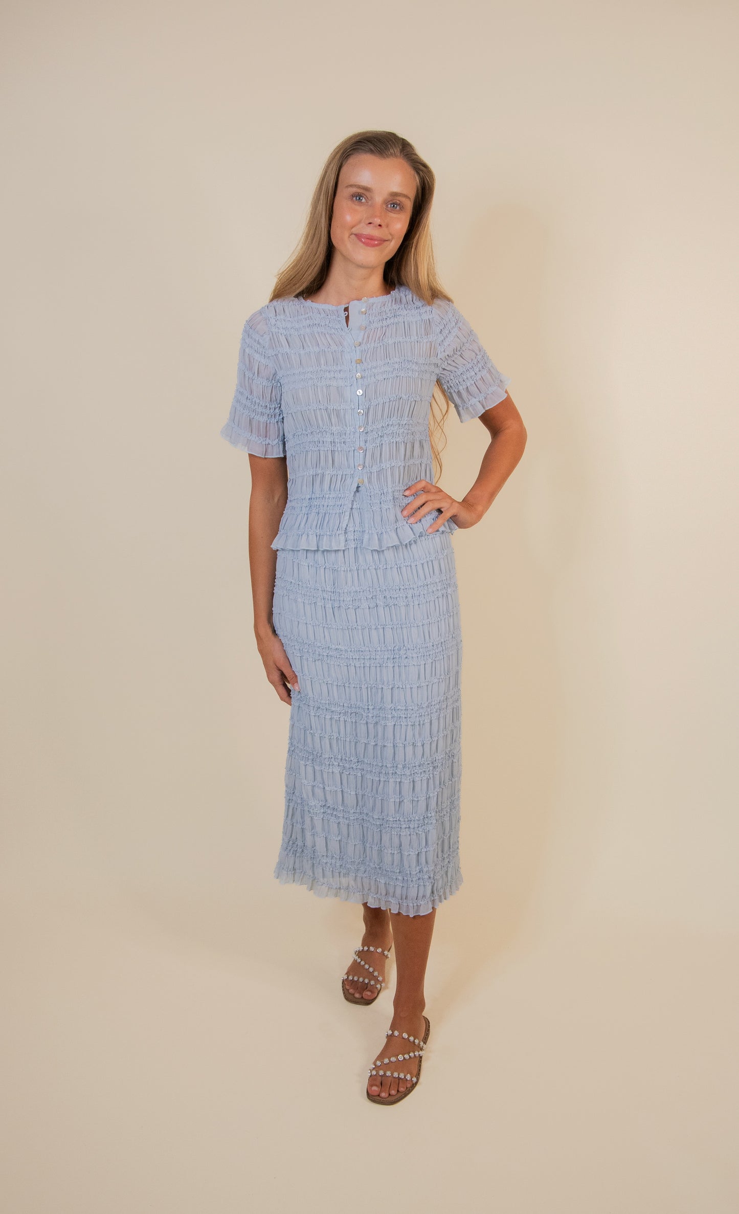 The Rory Smocked Chiffon Set in Baby Blue