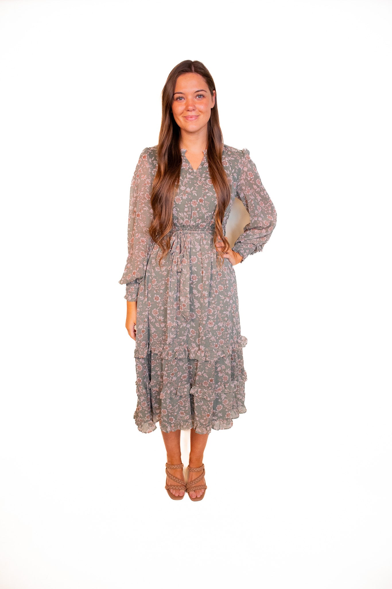 The Olive Chiffon Floral Dress