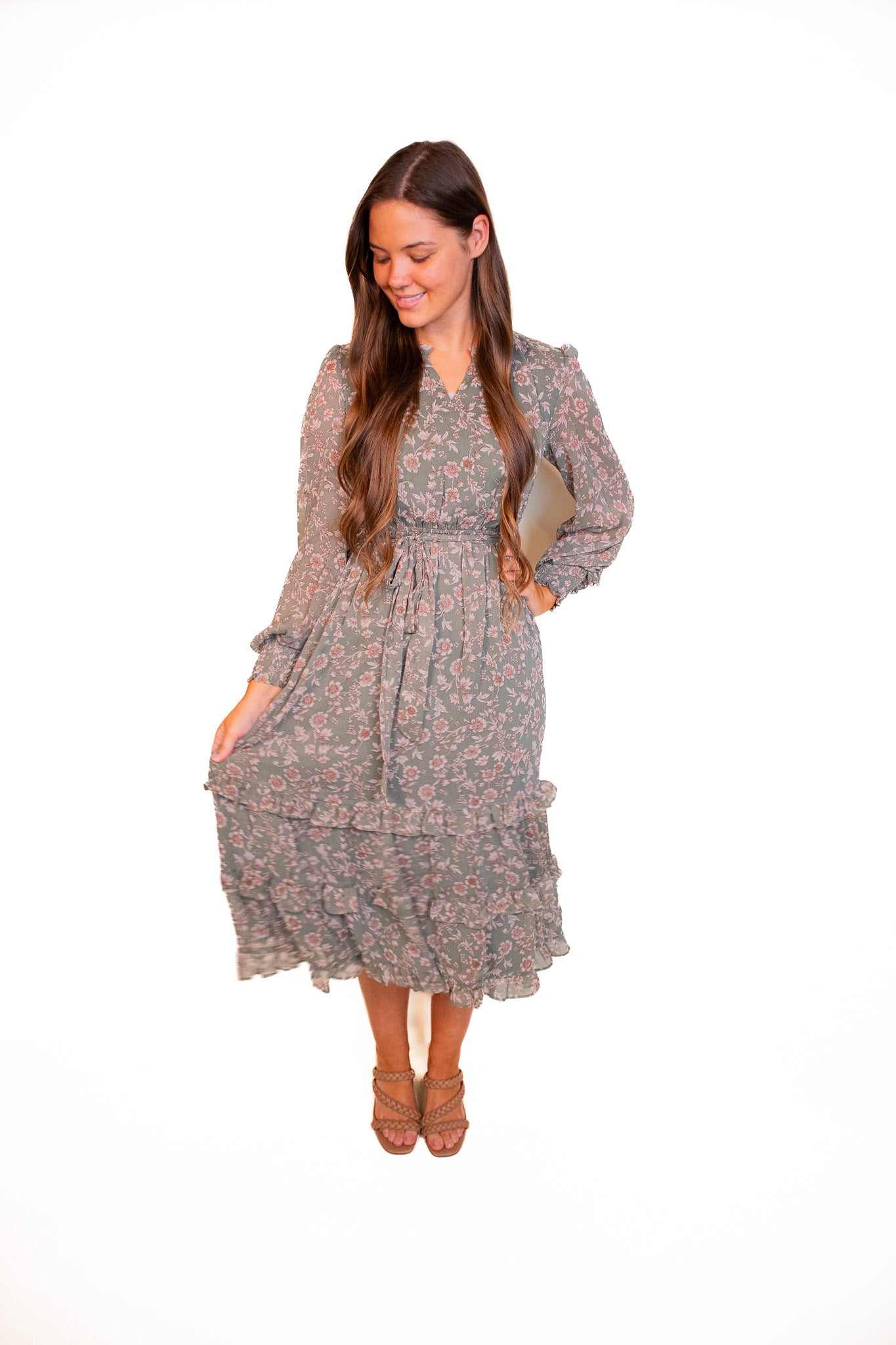 The Olive Chiffon Floral Dress