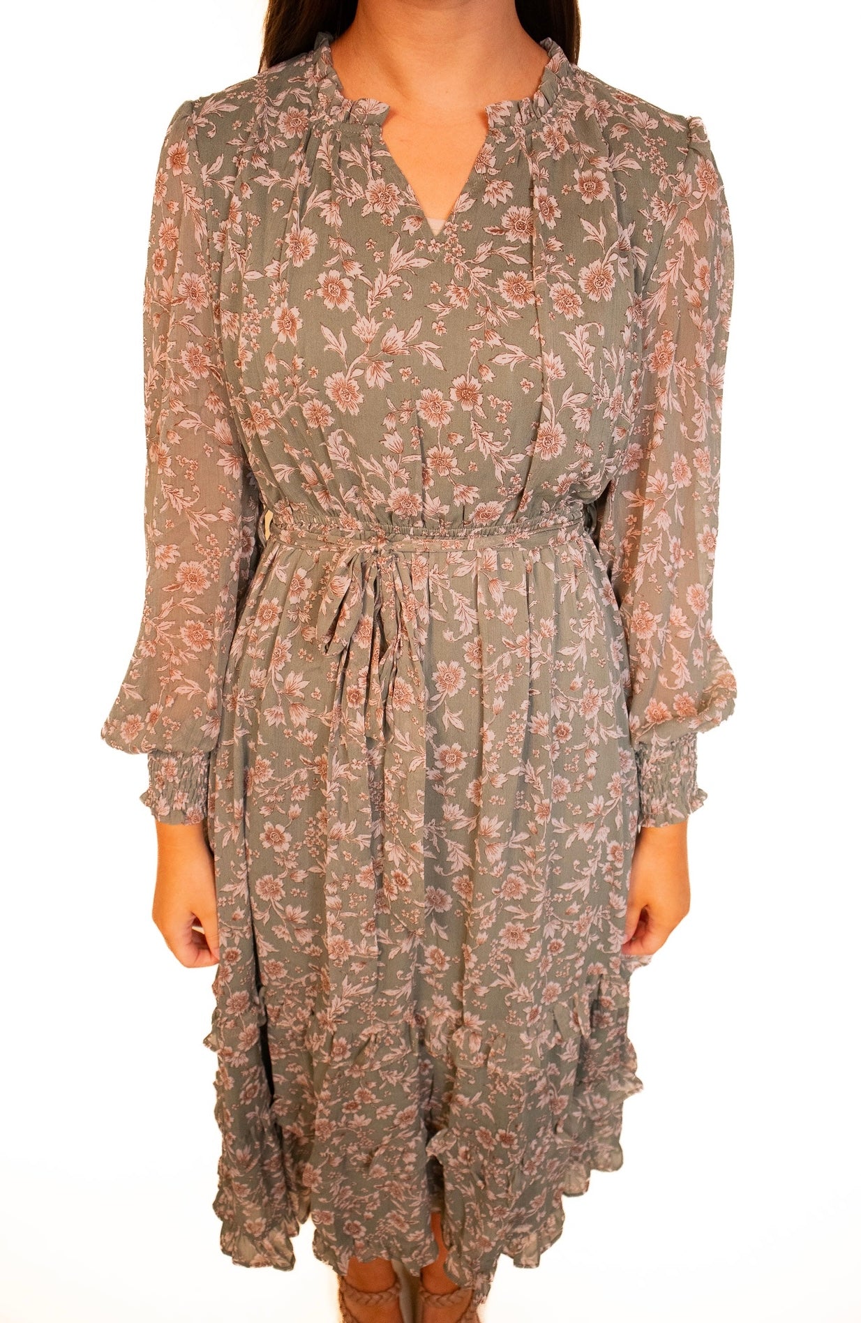 The Olive Chiffon Floral Dress